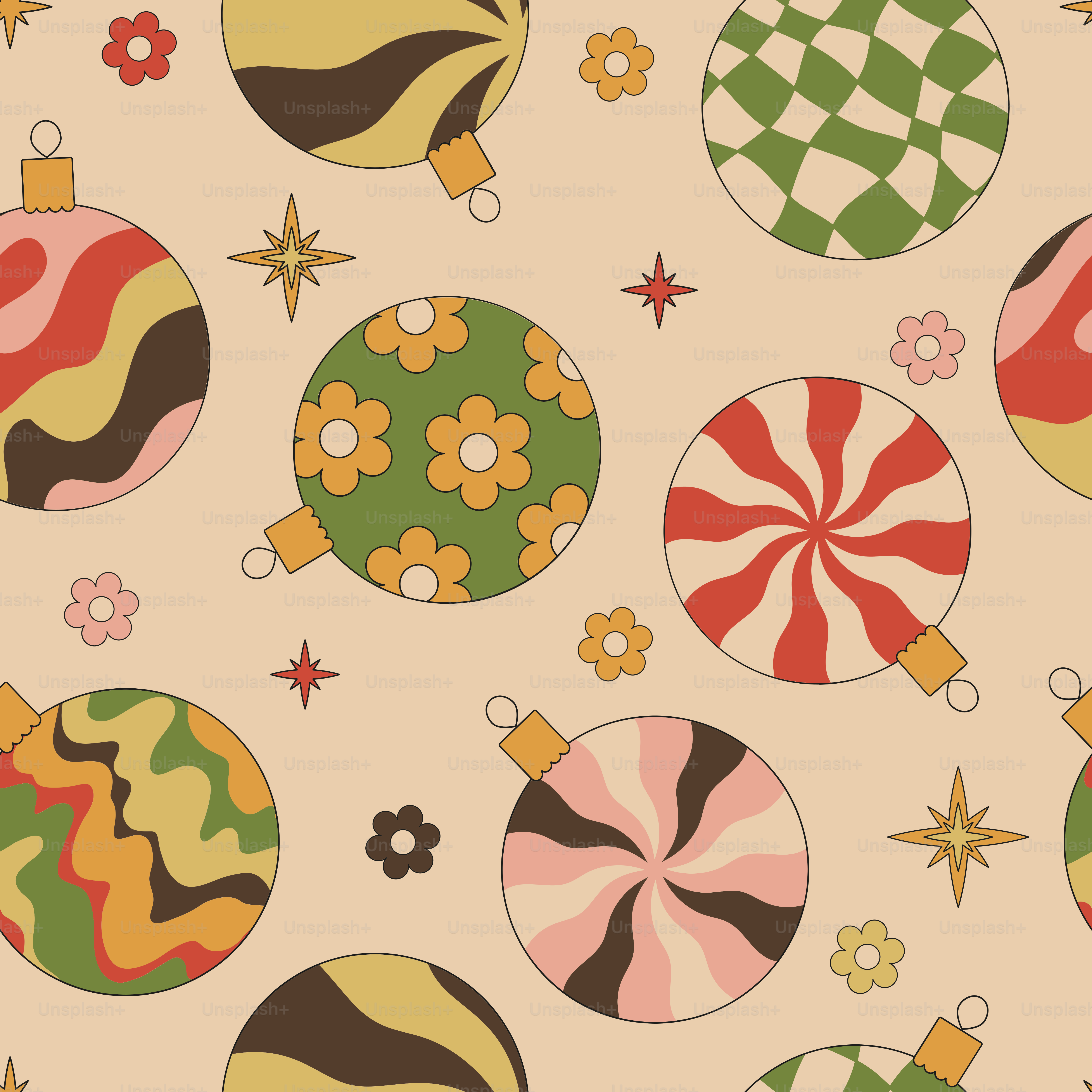 A pattern of christmas ornaments on a pink background