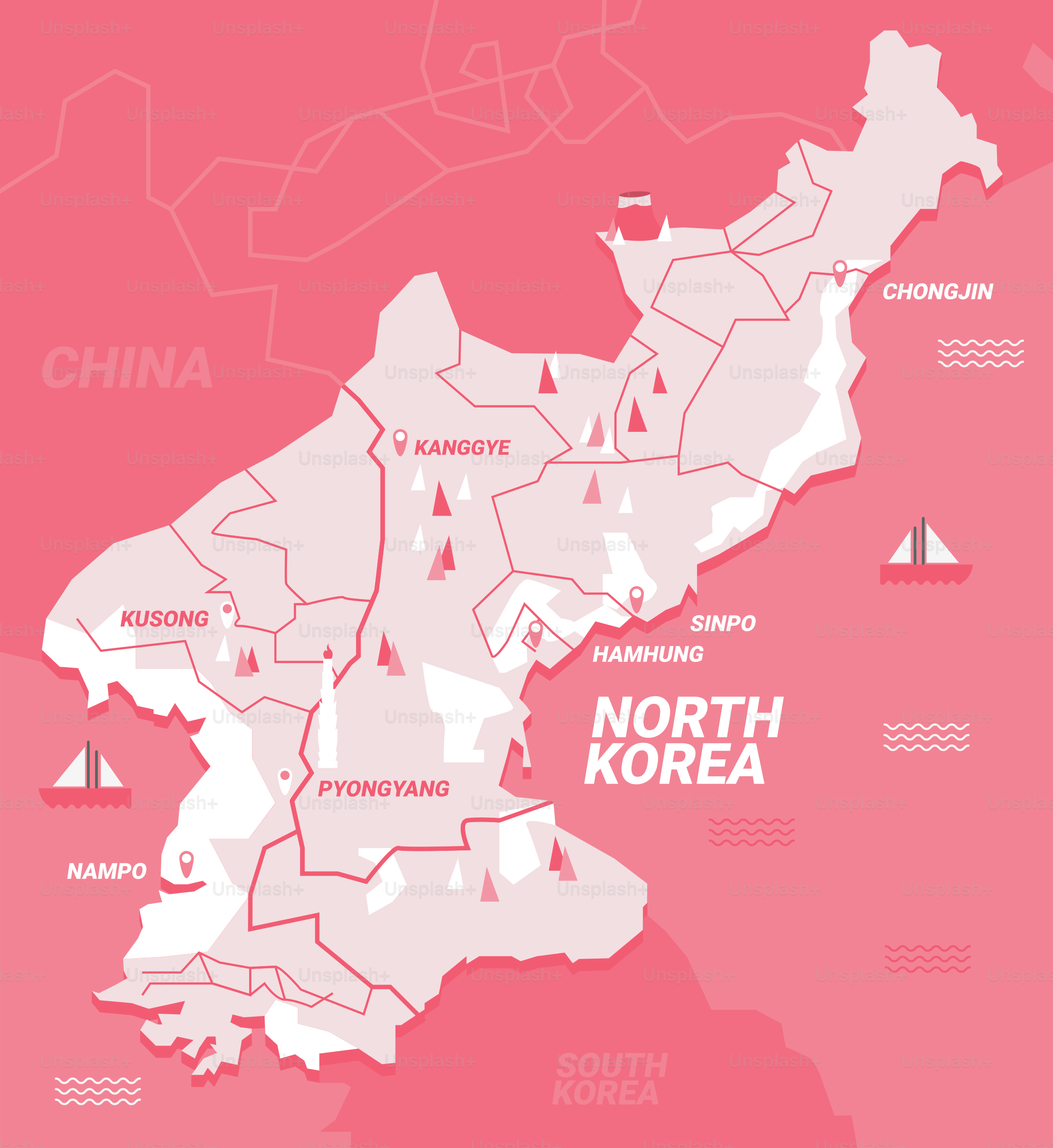 A map of north korea with a pink background