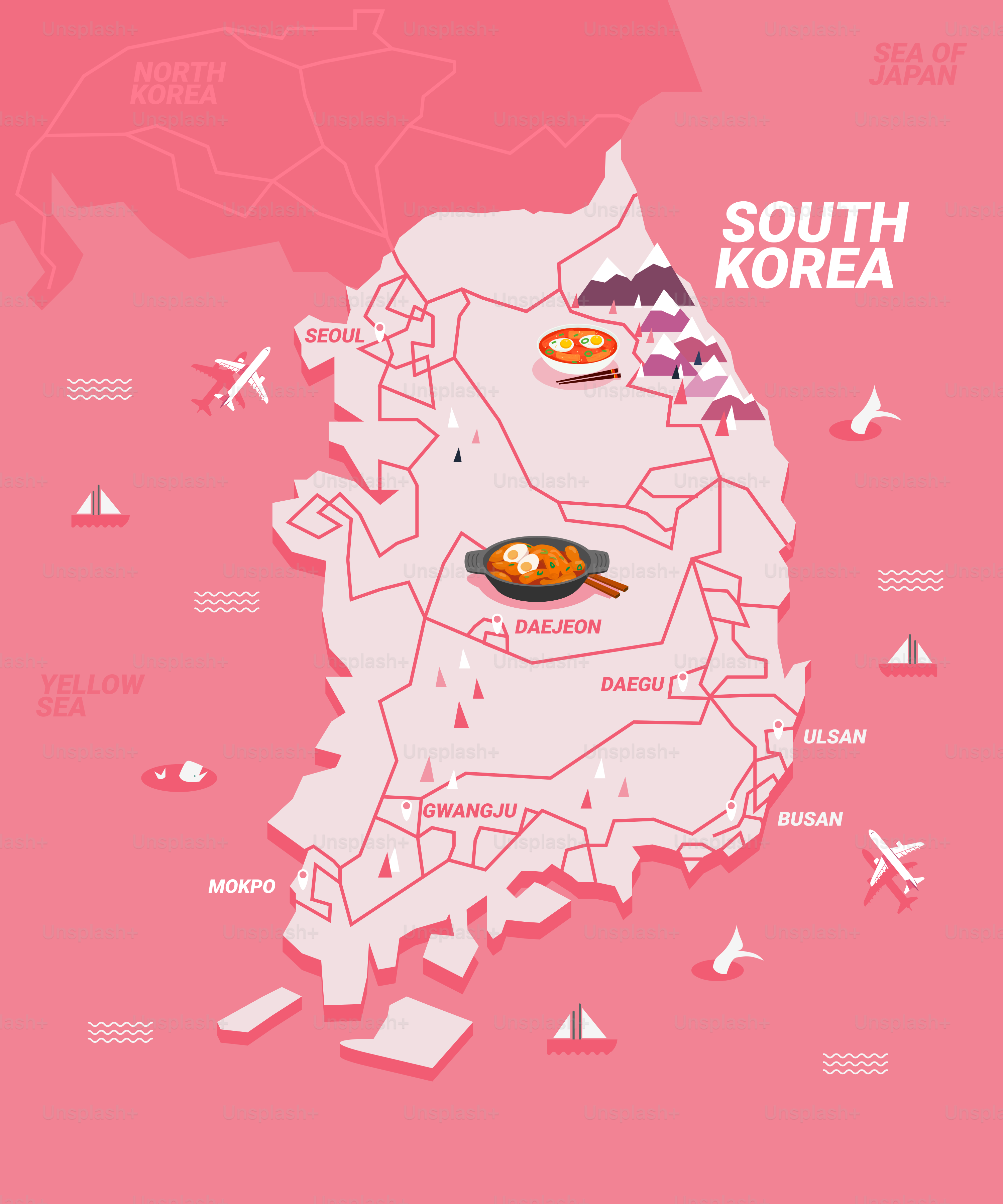 A map of south korea with a pink background