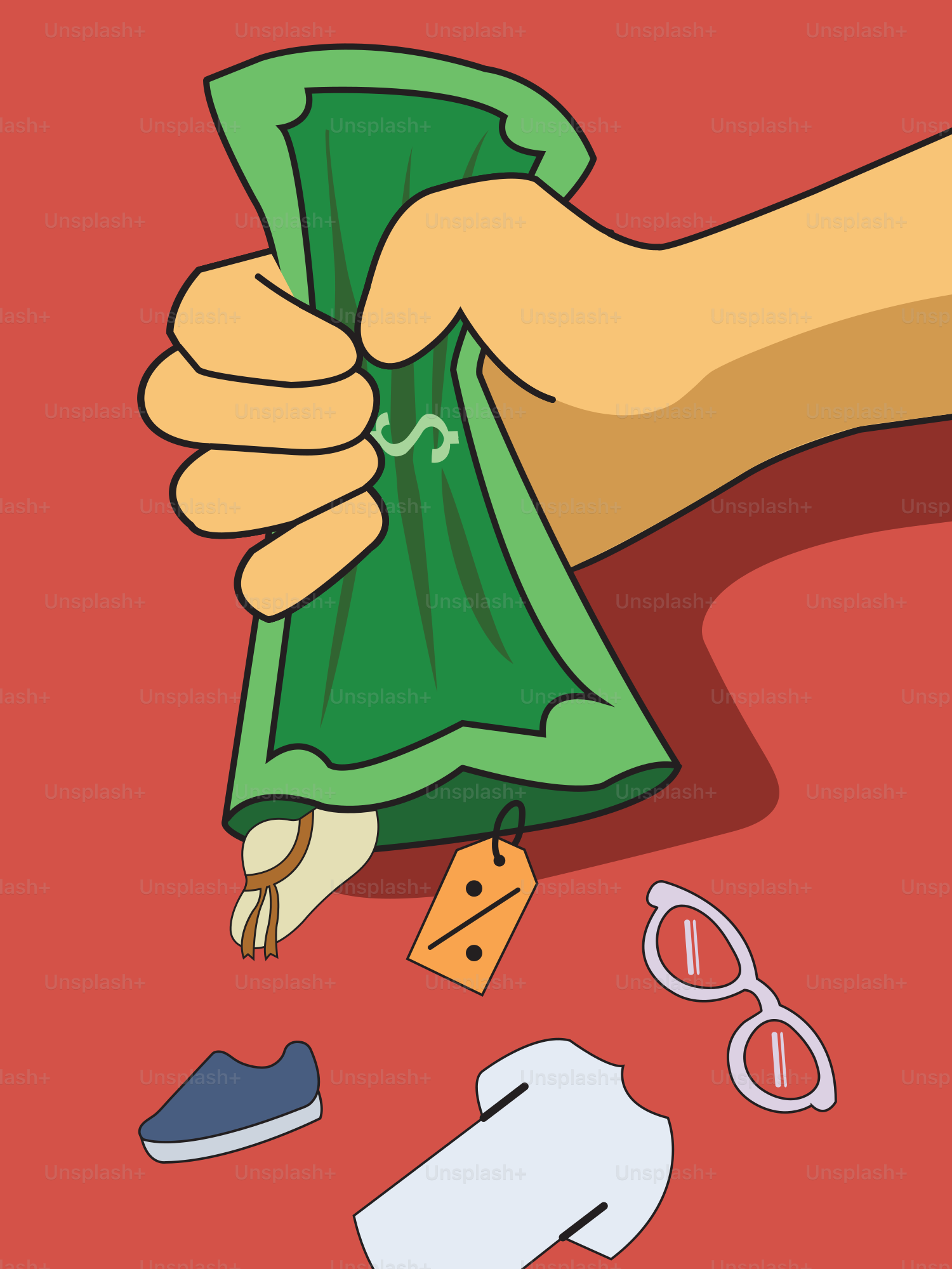 A hand holding a money bill over a pile of items