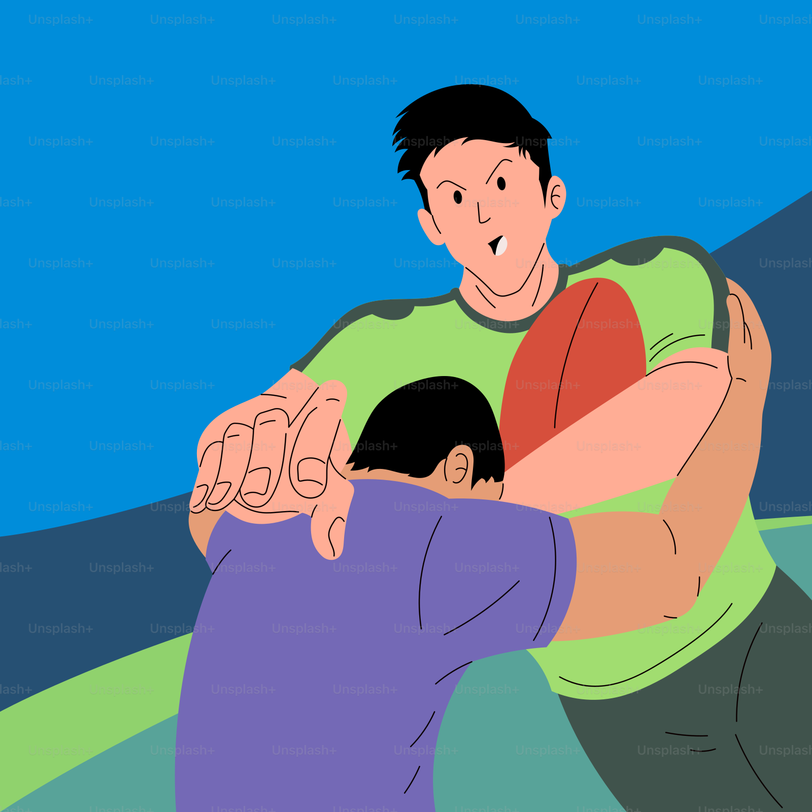 A man is hugging another man with a blue sky in the background