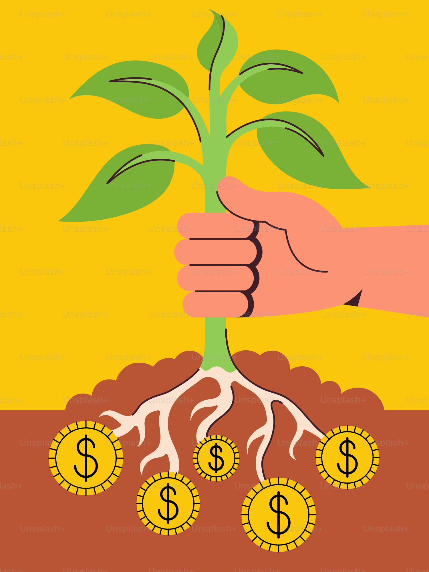 A hand holding a plant with dollar coins