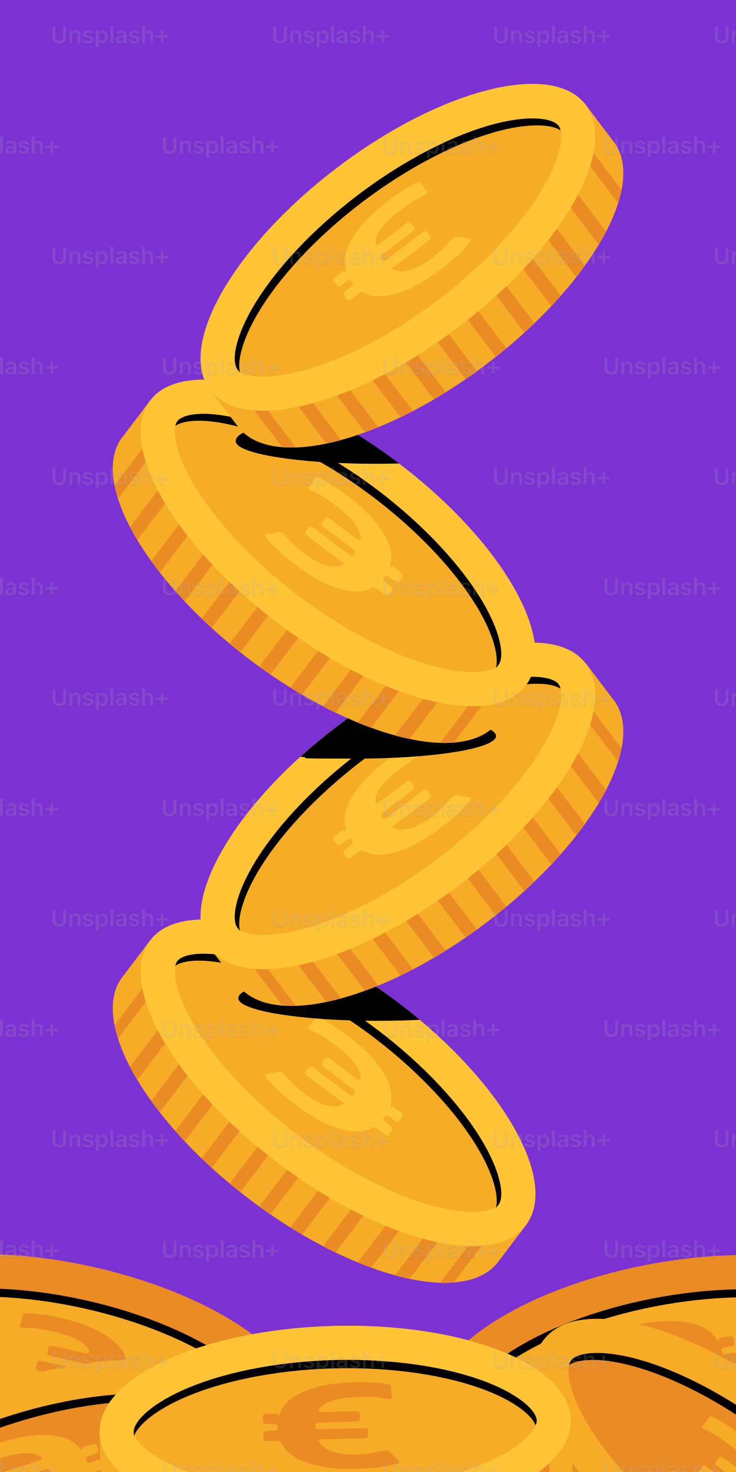 A stack of gold coins with a purple background