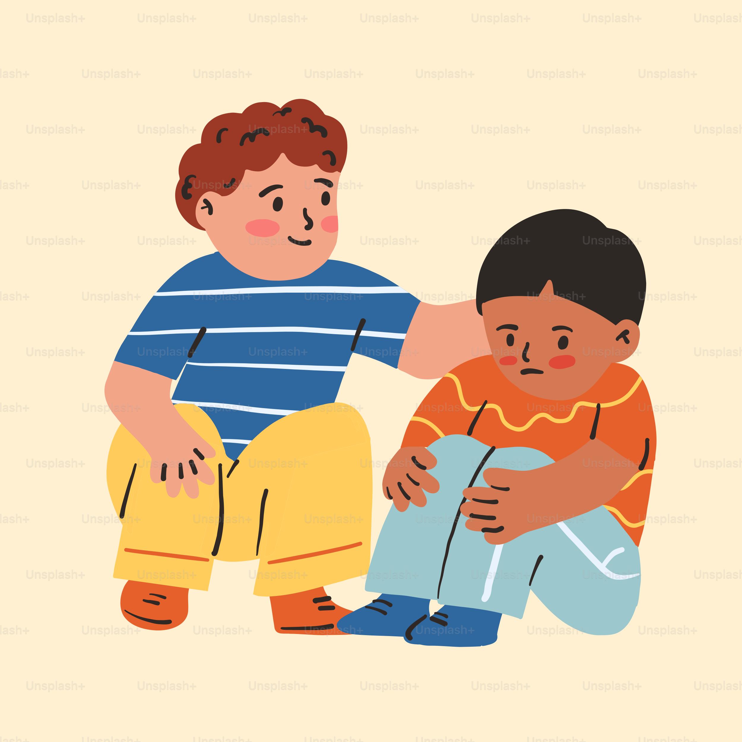 A boy sitting on the ground next to another boy