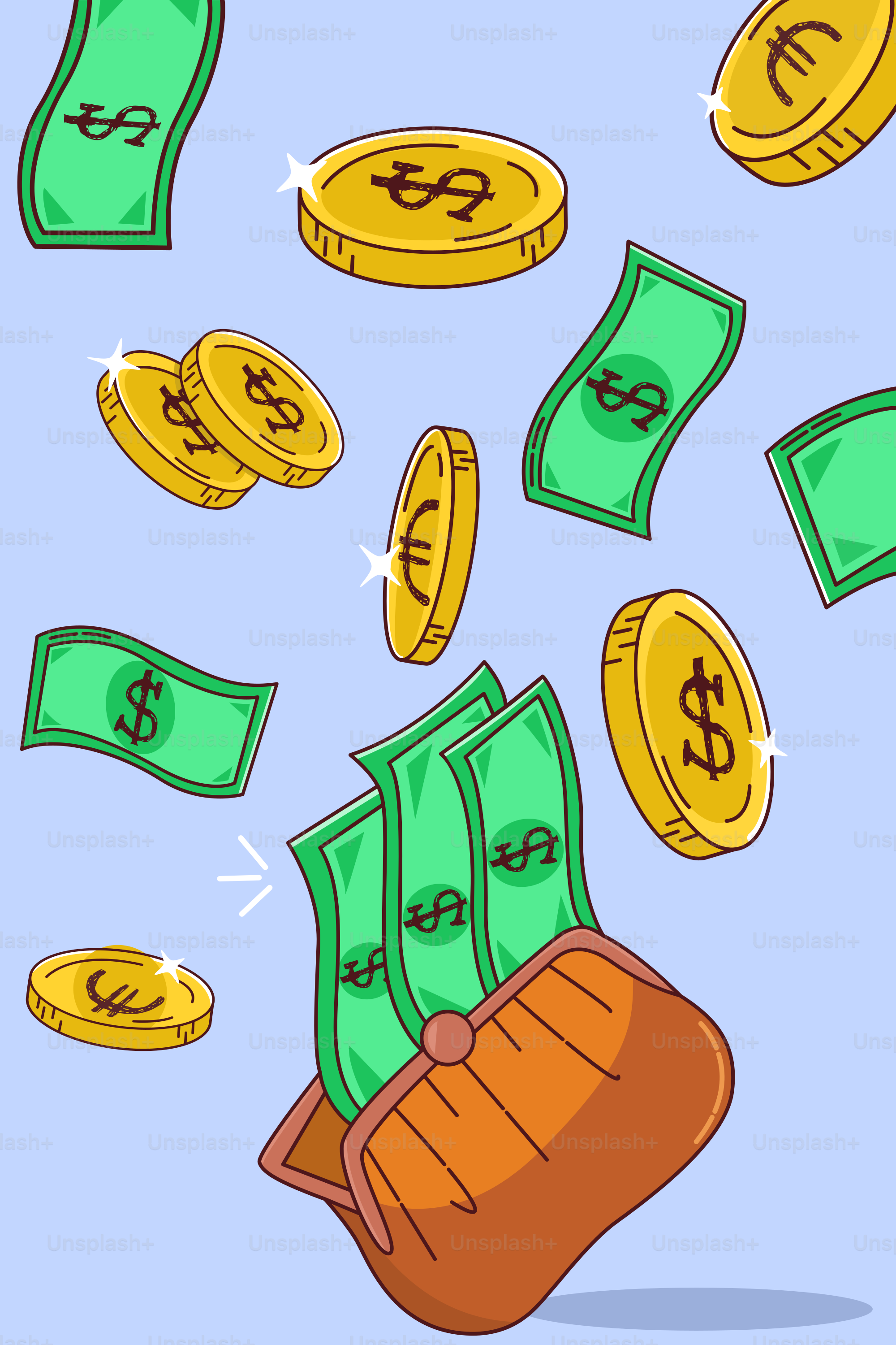 돈이 가득 담긴 냄비가 공중으로 떨어집니다.