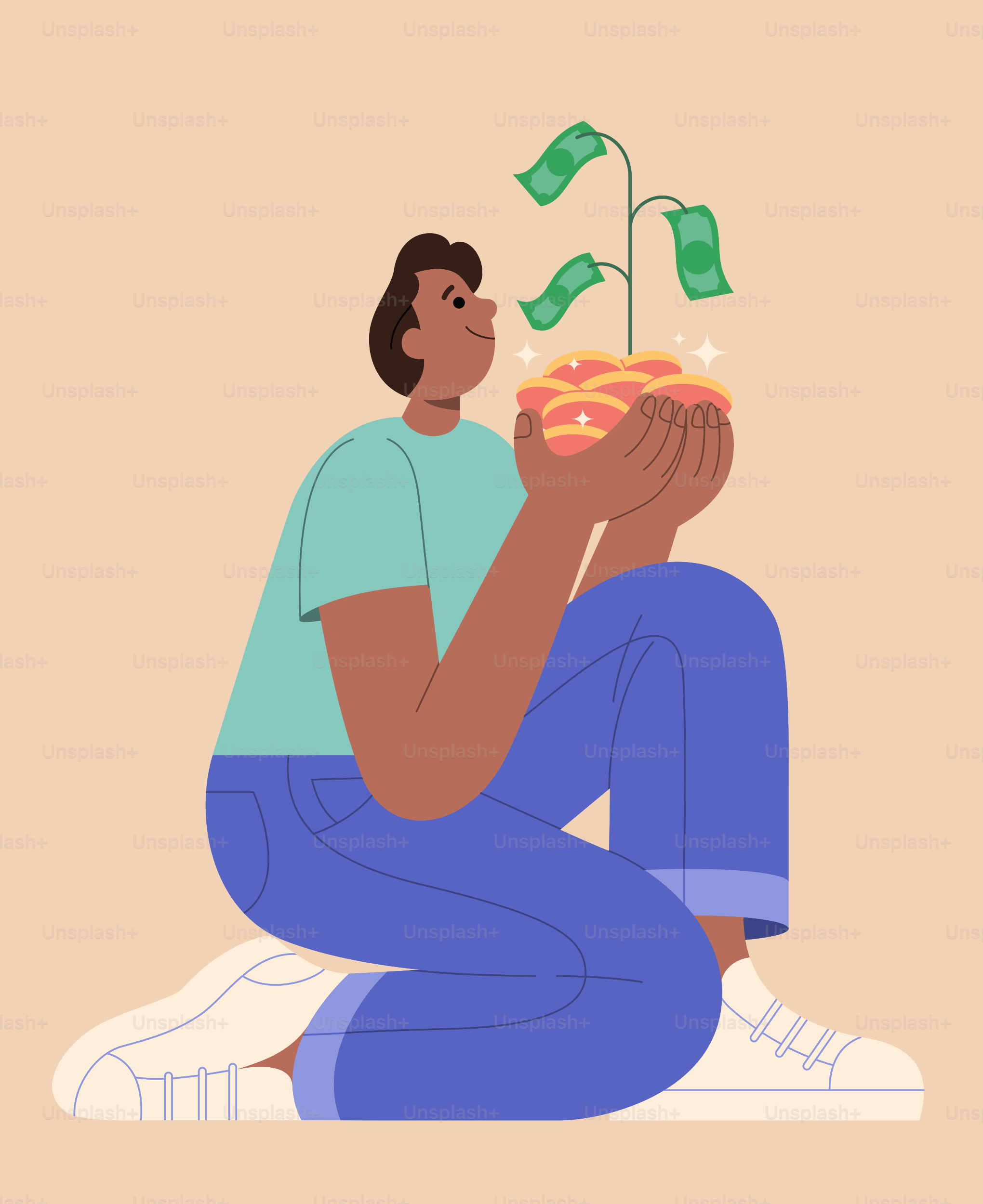 A man sitting on the ground with money coming out of his mouth