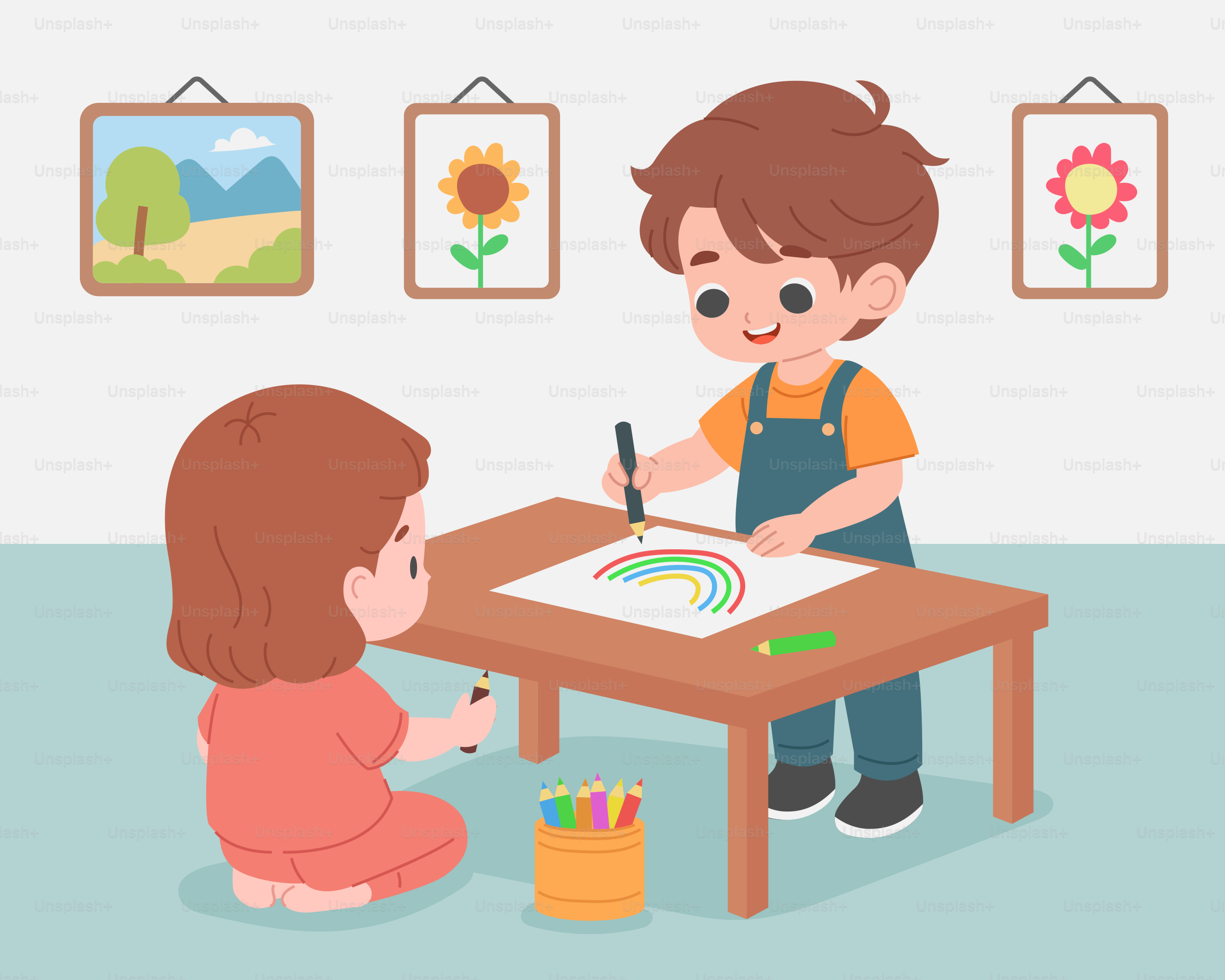 A boy and a girl sitting at a table drawing