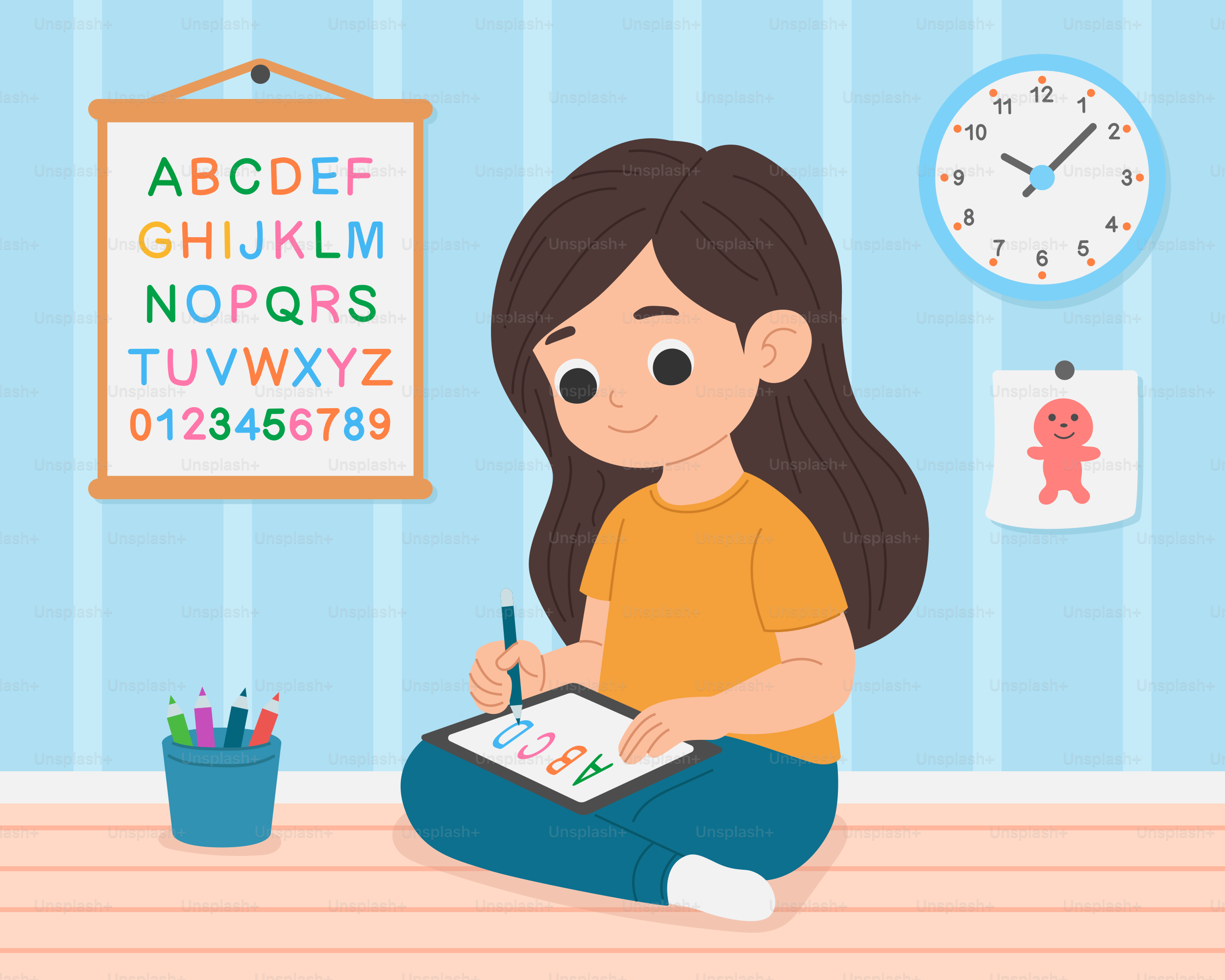 Una bambina è seduta per terra a scrivere su una cartellina