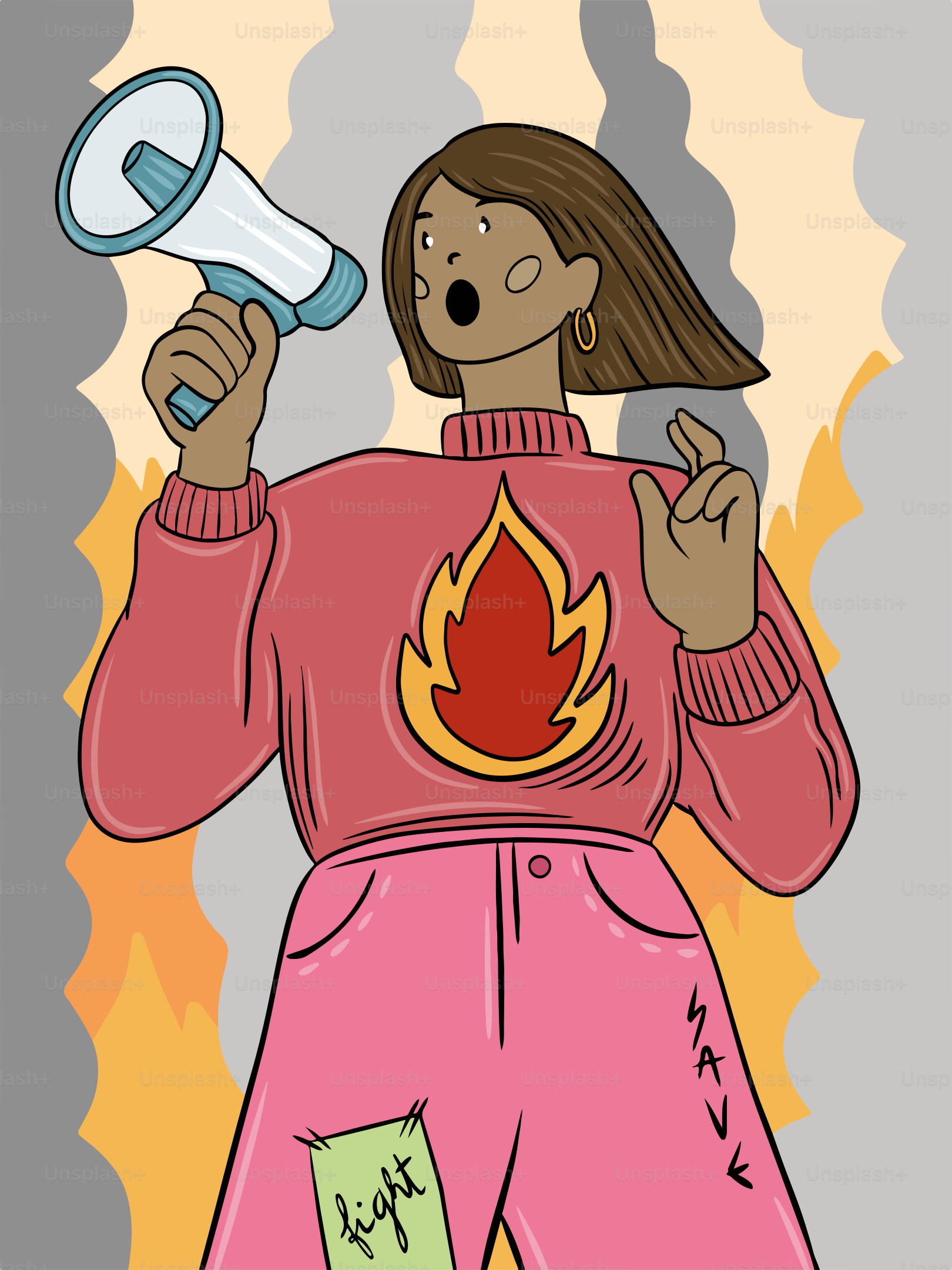A woman holding a megaphone in front of a fire