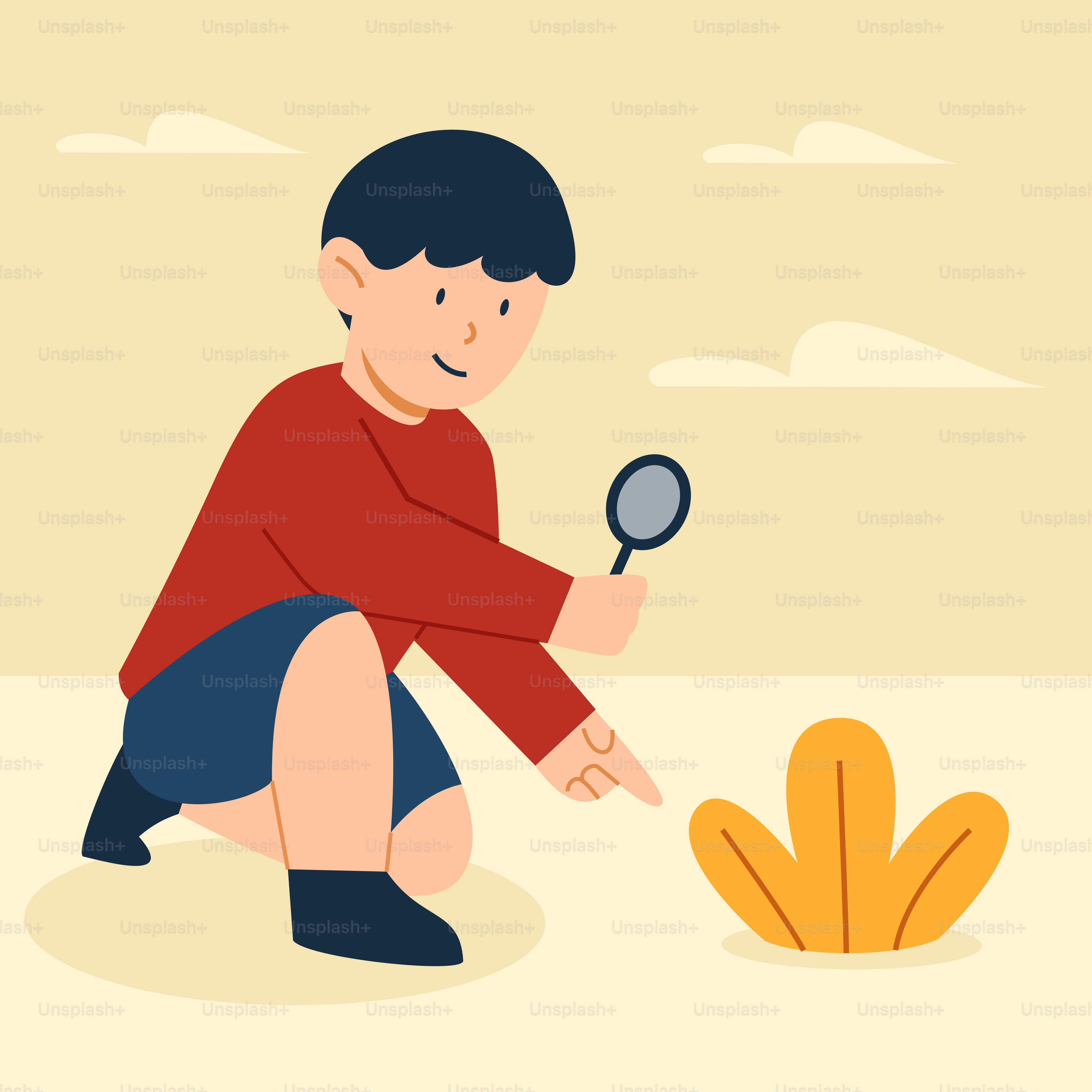 A person kneeling down holding a magnifying glass
