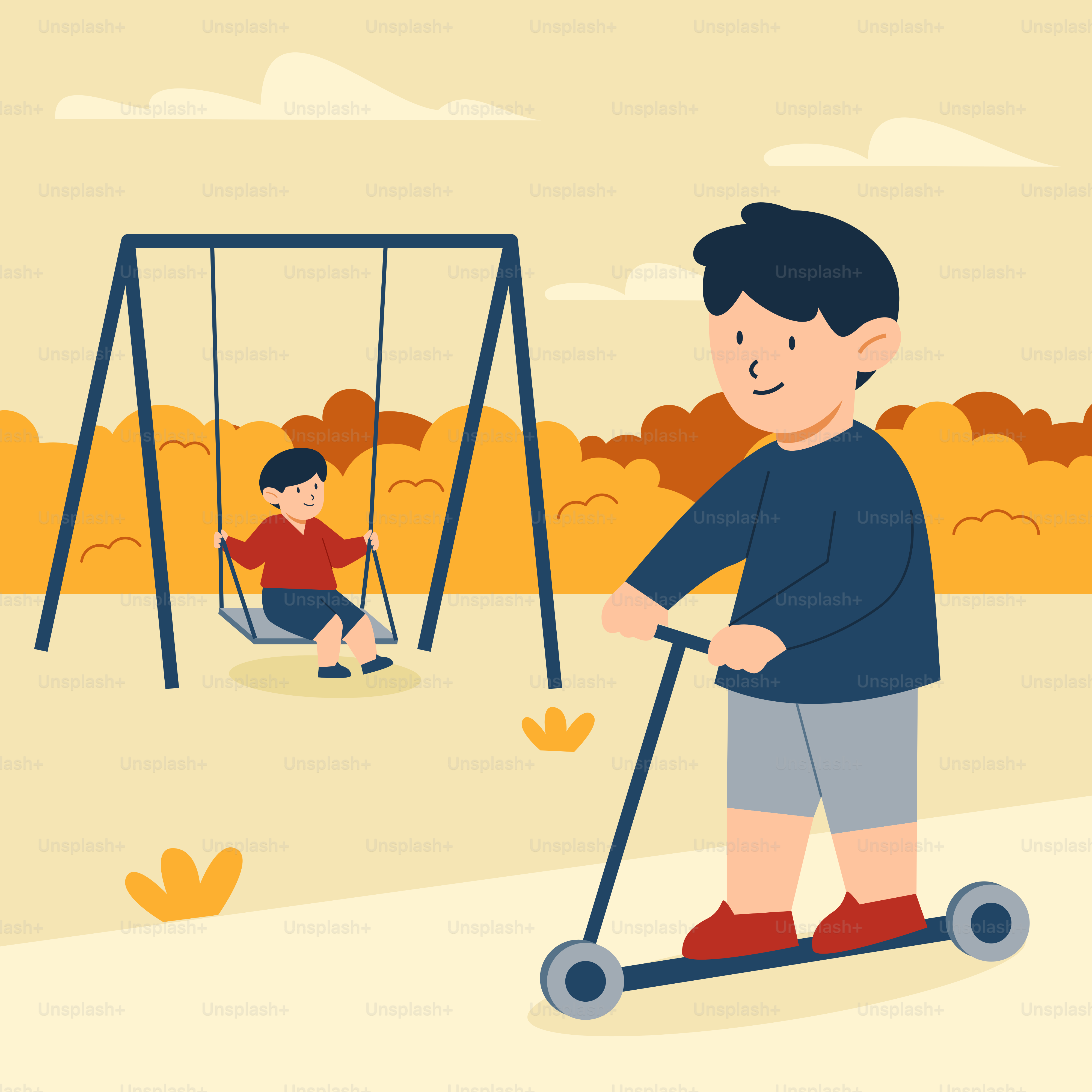 Ein Mann fährt auf einem Roller neben einer Schaukel