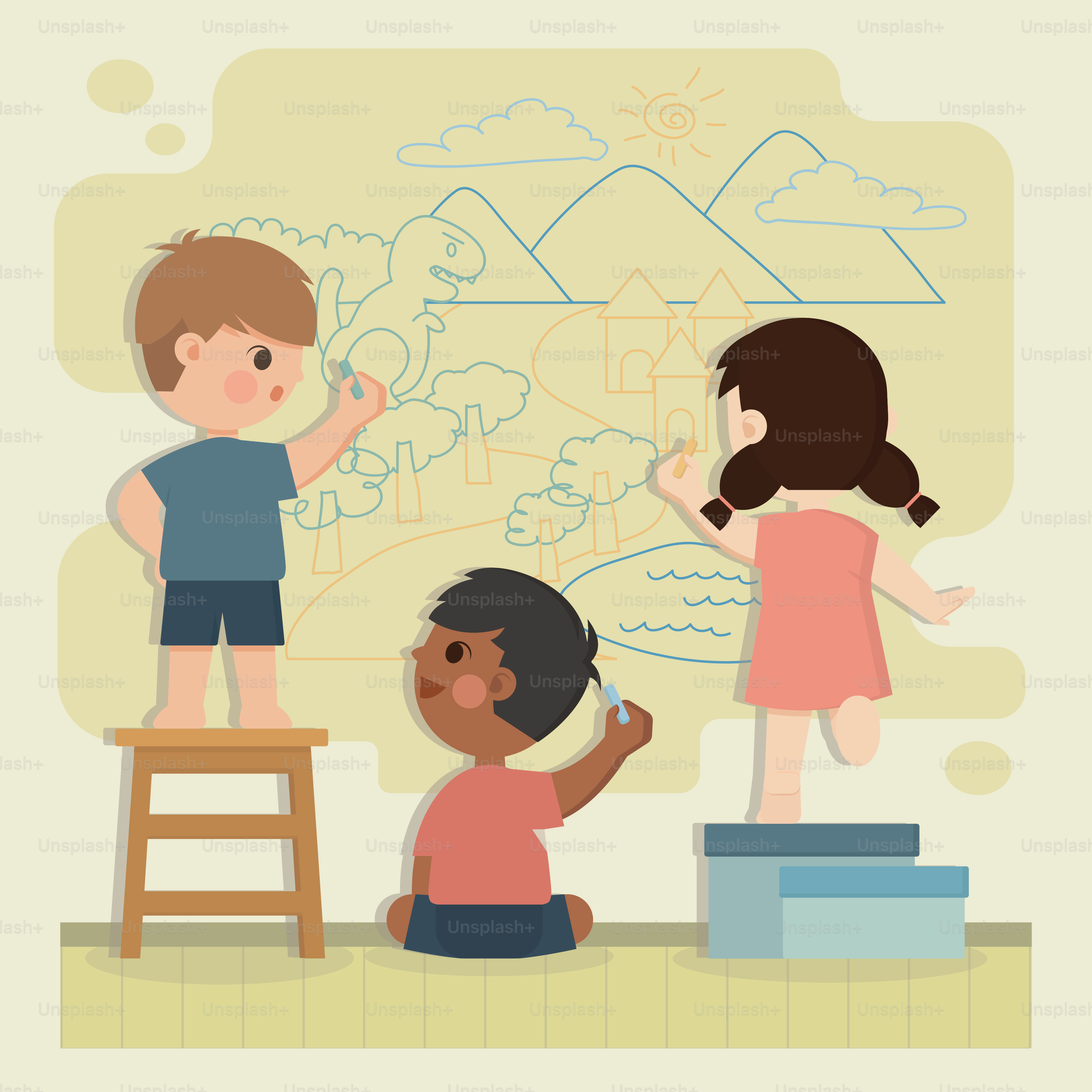 A group of children standing on top of a step stool