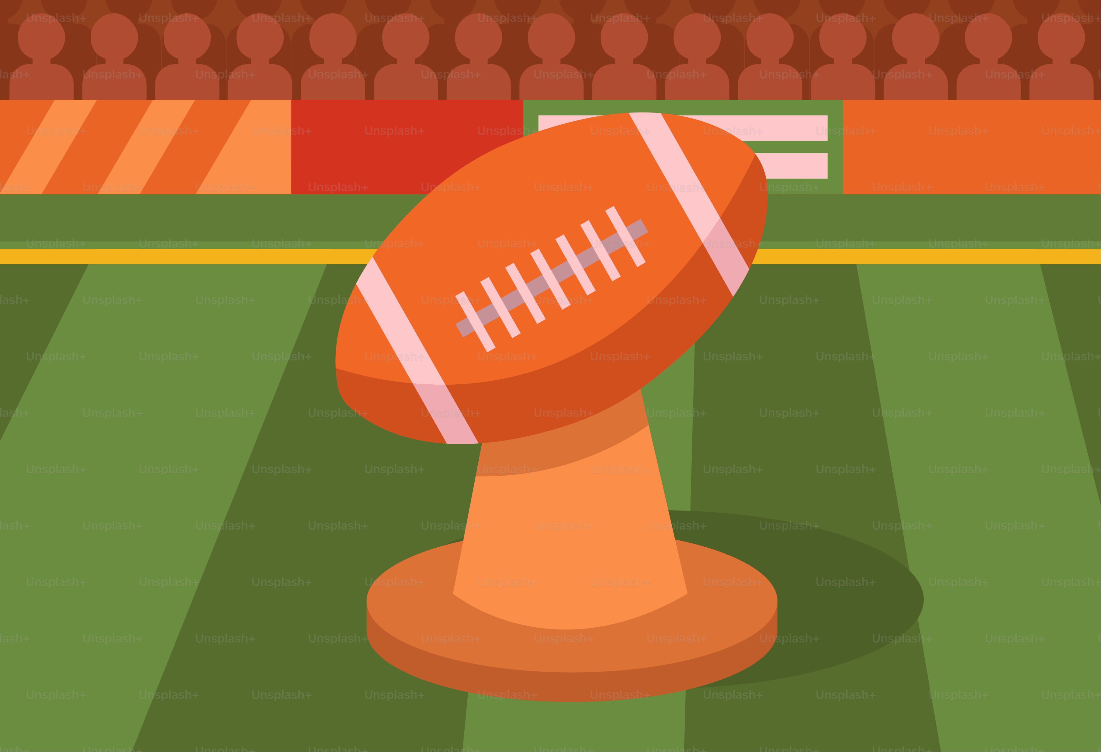 A football on a pedestal in front of a stadium