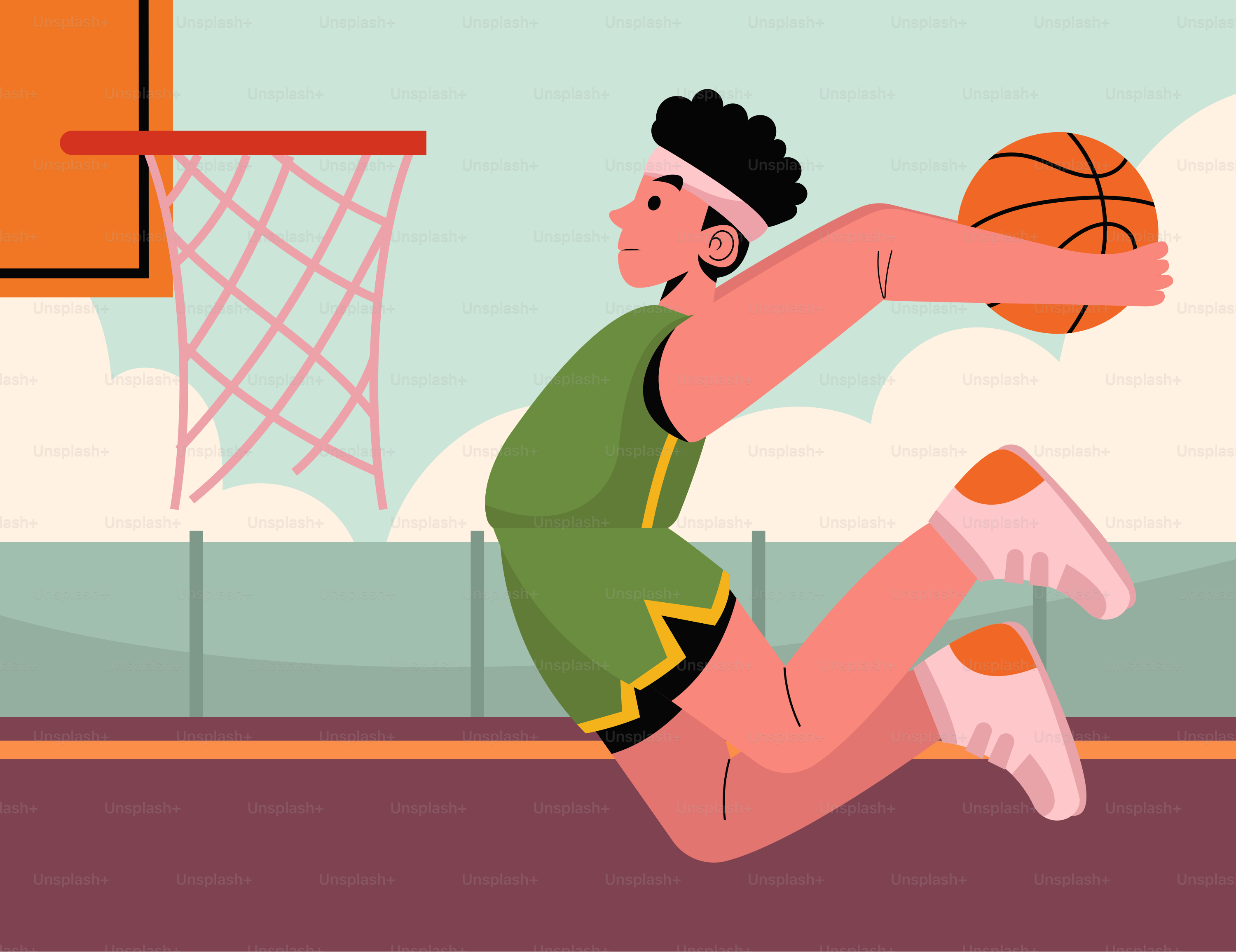 Ein Cartoon eines Mannes, der auf einem Spielfeld Basketball spielt
