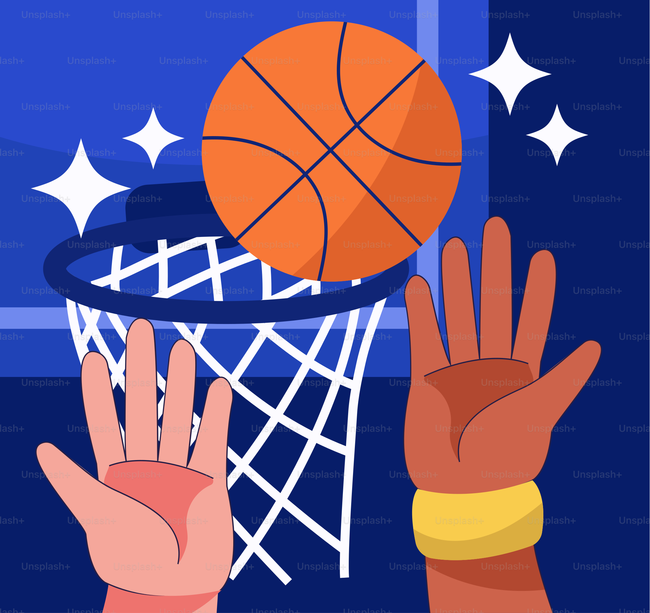 Two hands reaching for a basketball in the hoop
