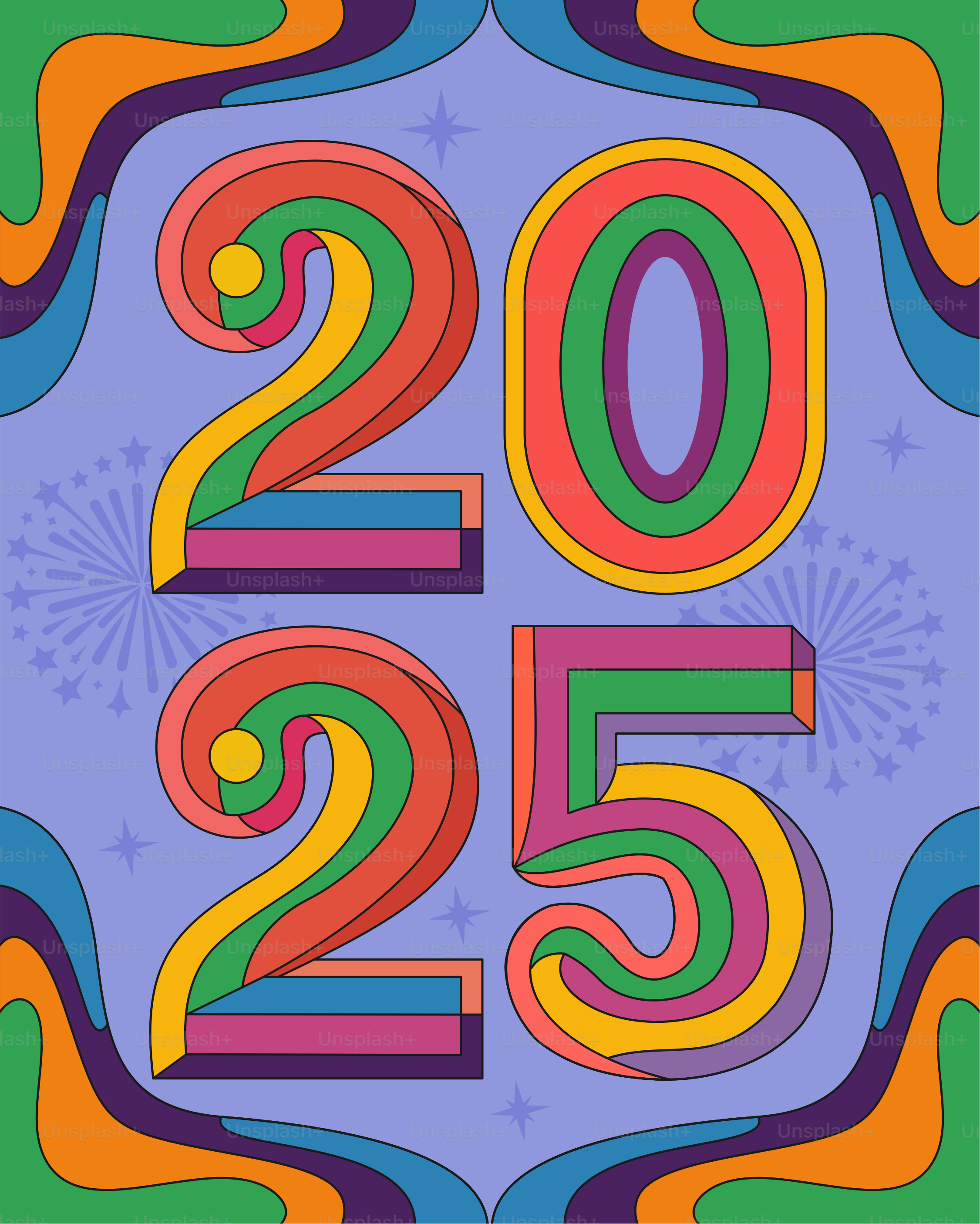 25と25という数字が書かれたカラフルなポスター