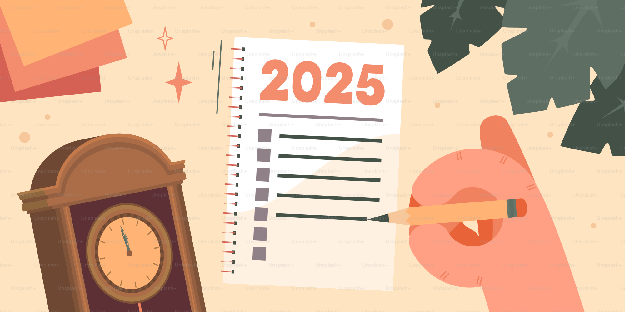 A person writing on a paper next to a clock