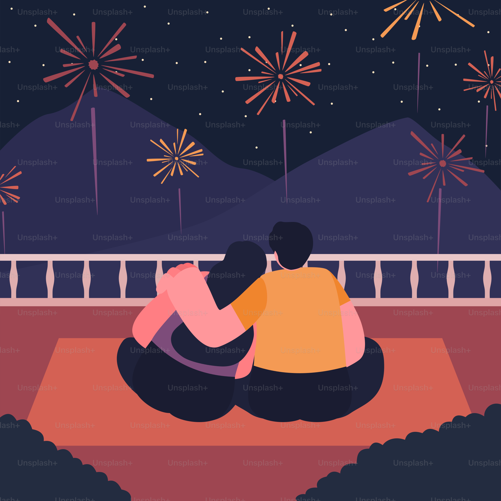 Zwei Menschen sitzen auf einer Bank und schauen Feuerwerk