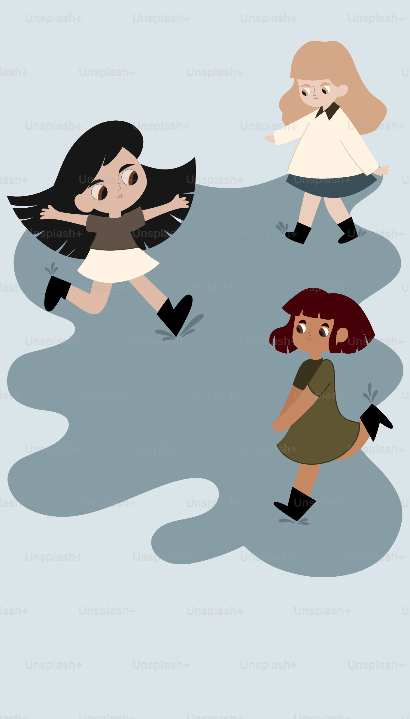 A group of girls walking across a puddle
