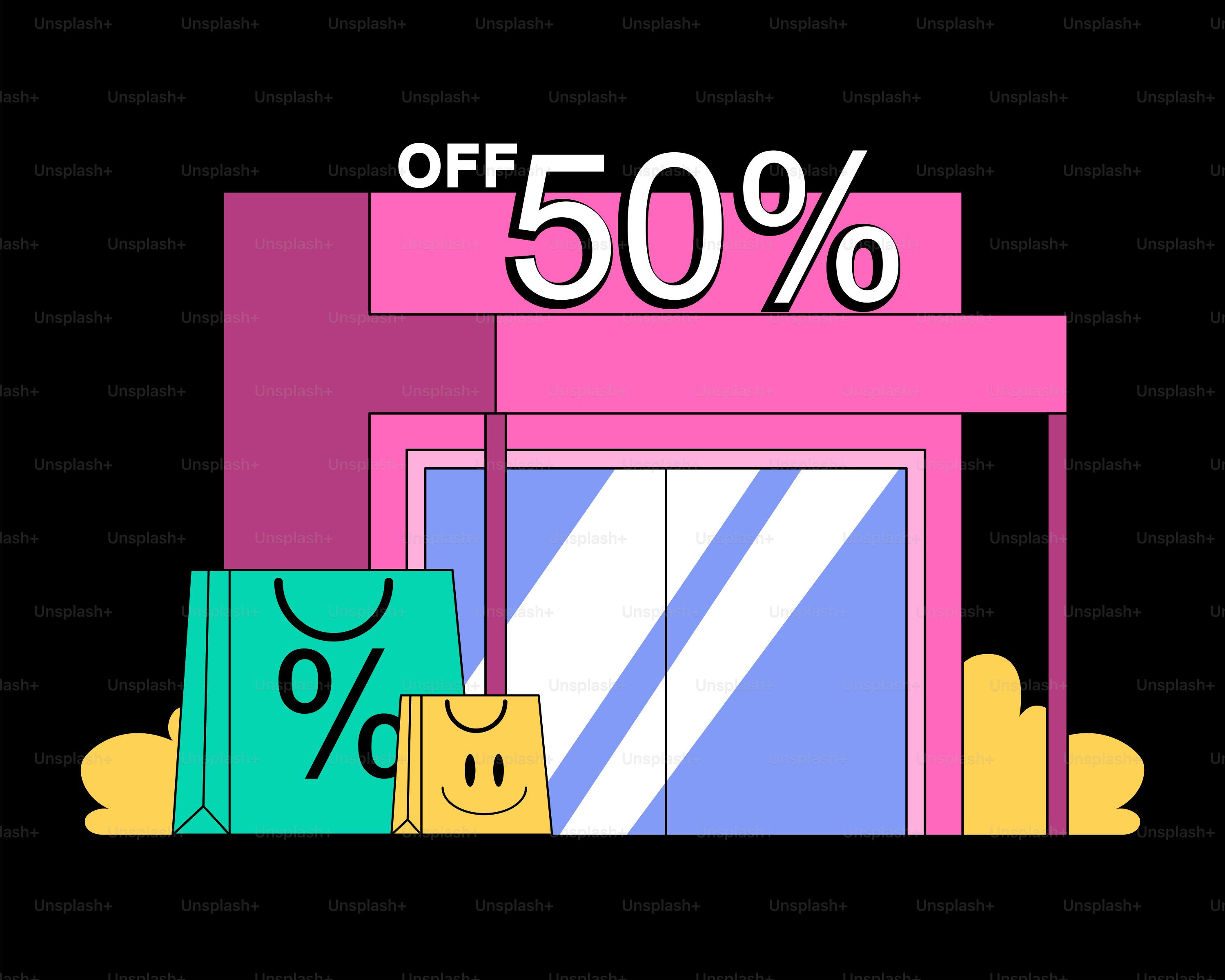 A black background with a pink building and a sale sign
