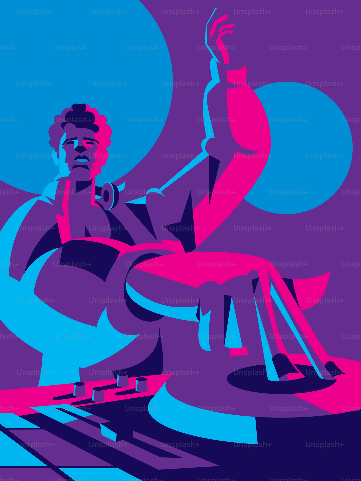 A man sitting in a chair in front of a purple and blue background