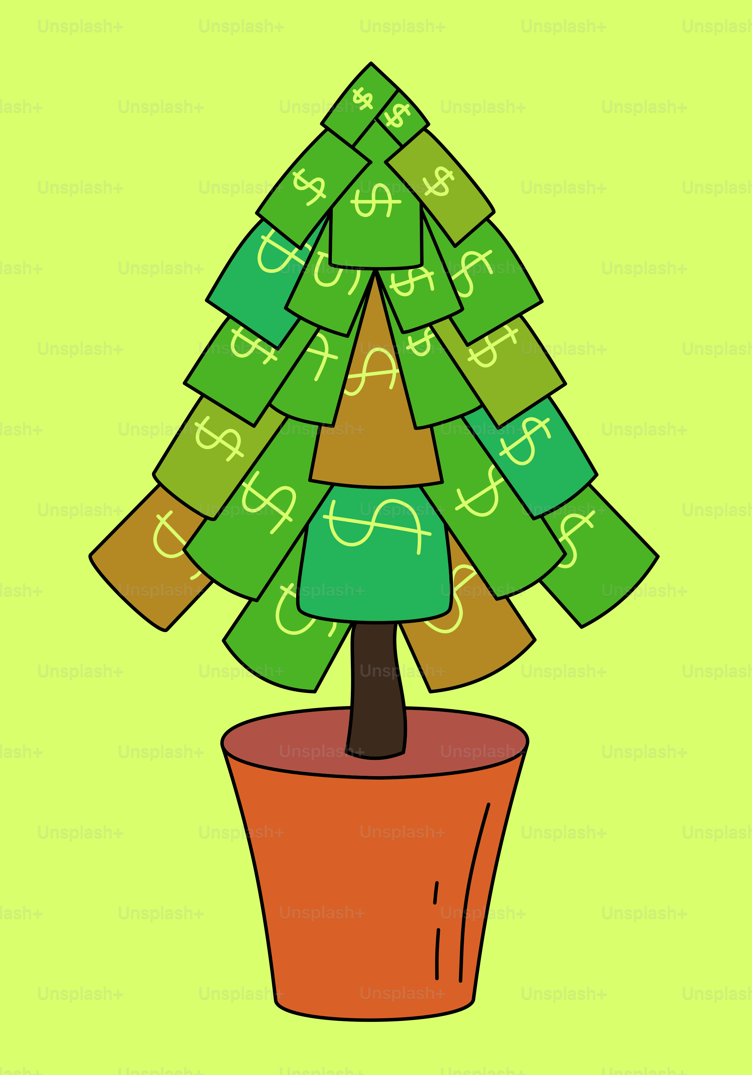A potted plant with money notes on it