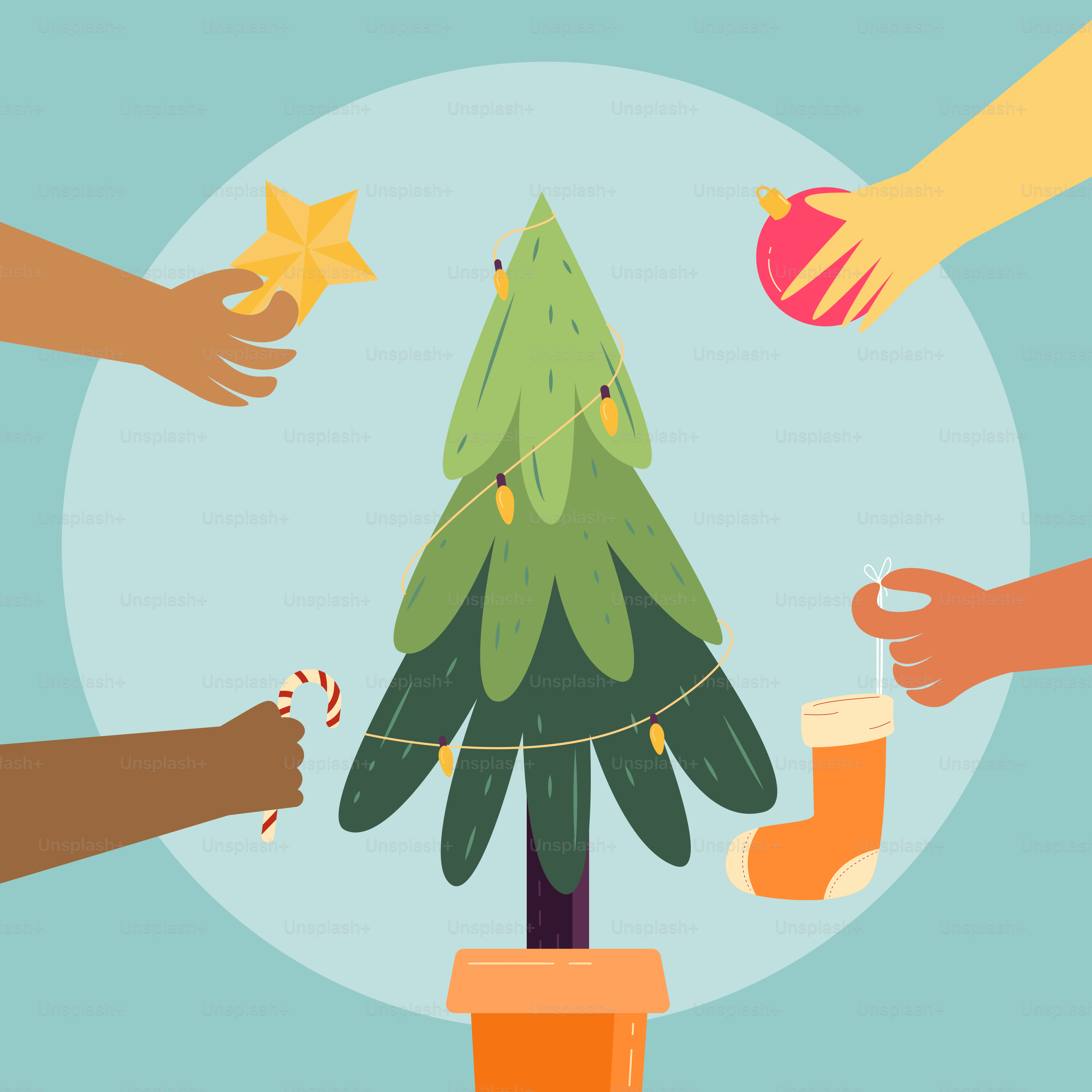 Un groupe de personnes debout autour d’un sapin de Noël