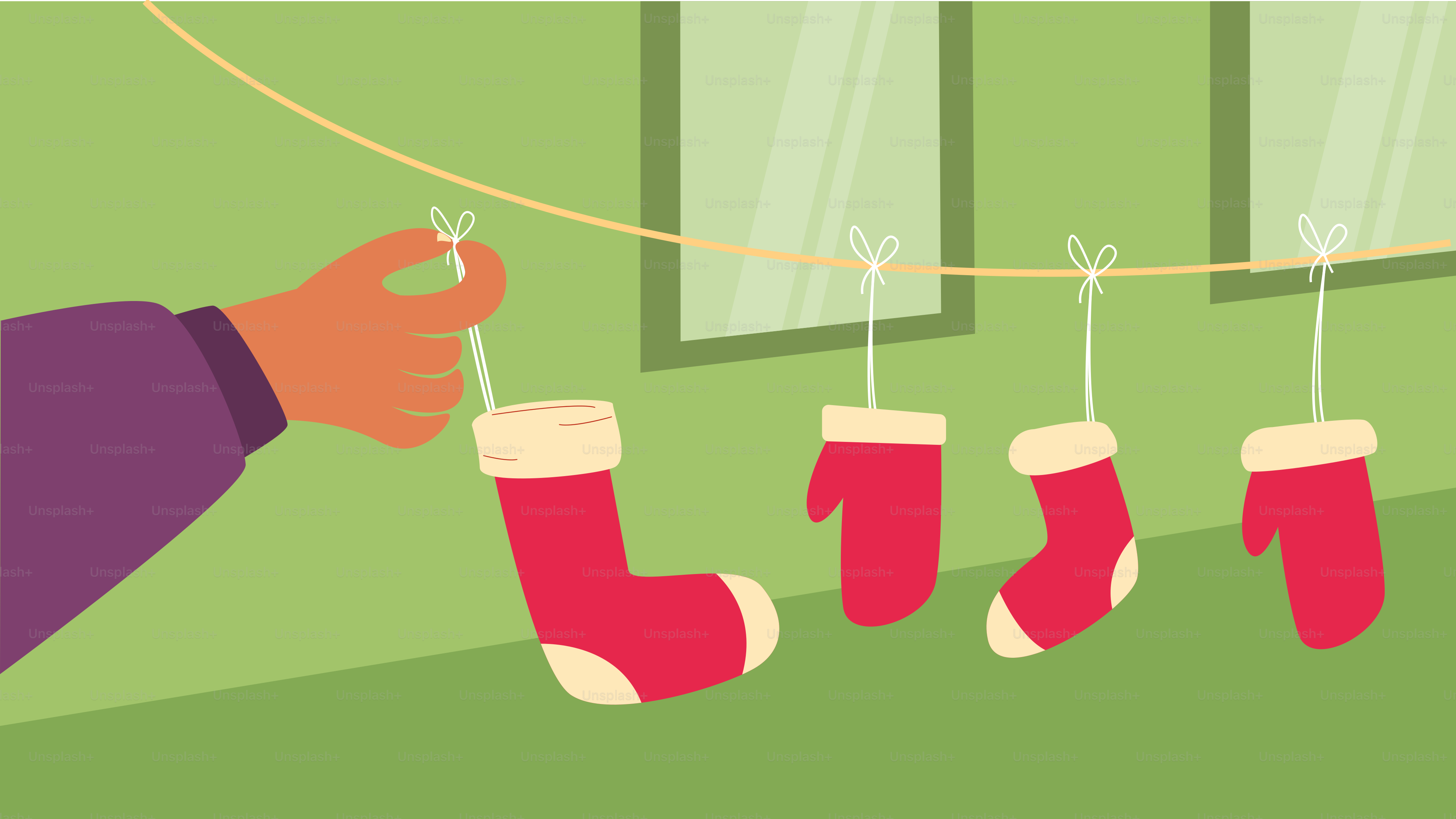 A person hanging stockings on a clothes line