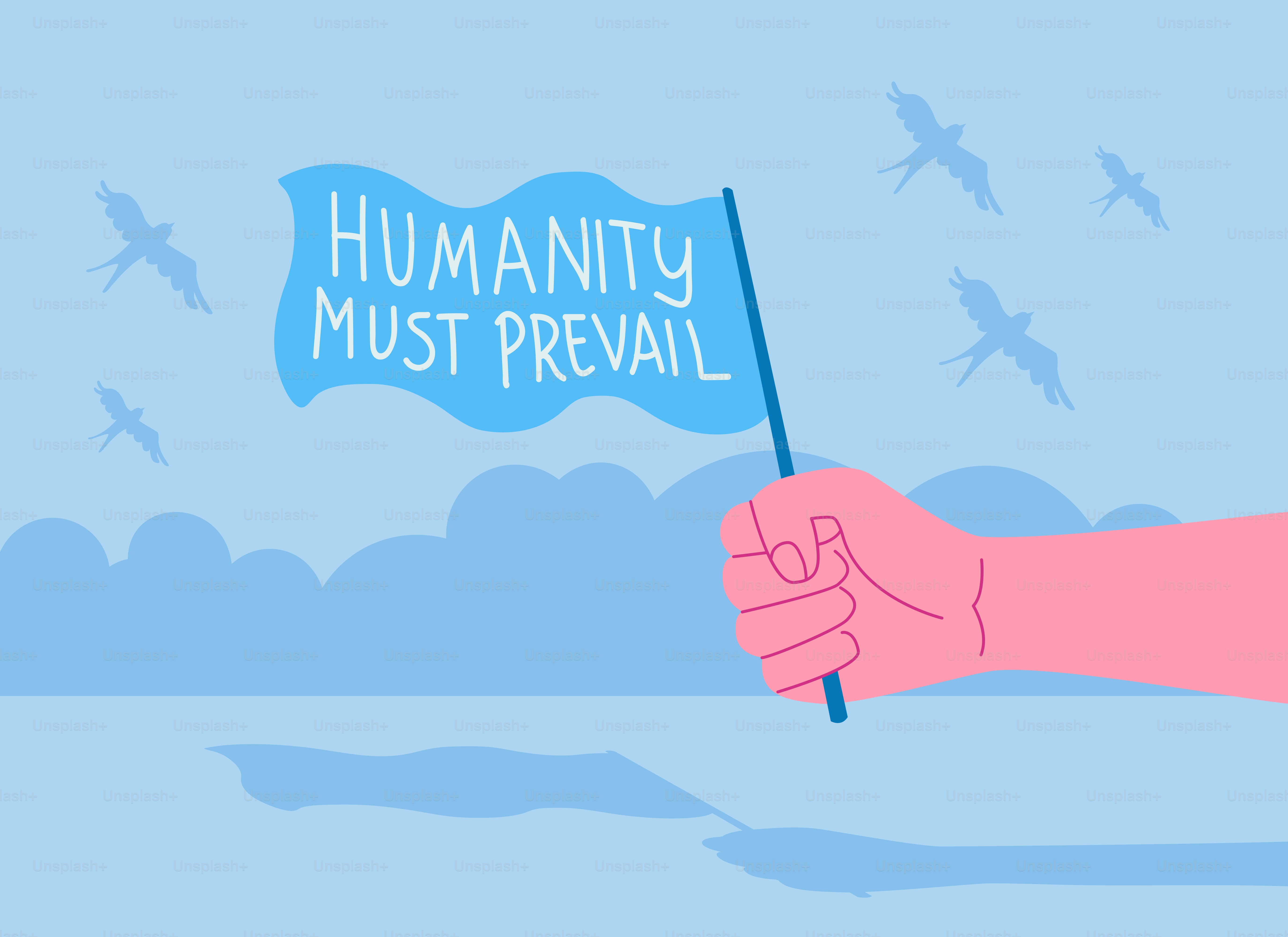 A hand holding a blue flag that says, humanity must prevail