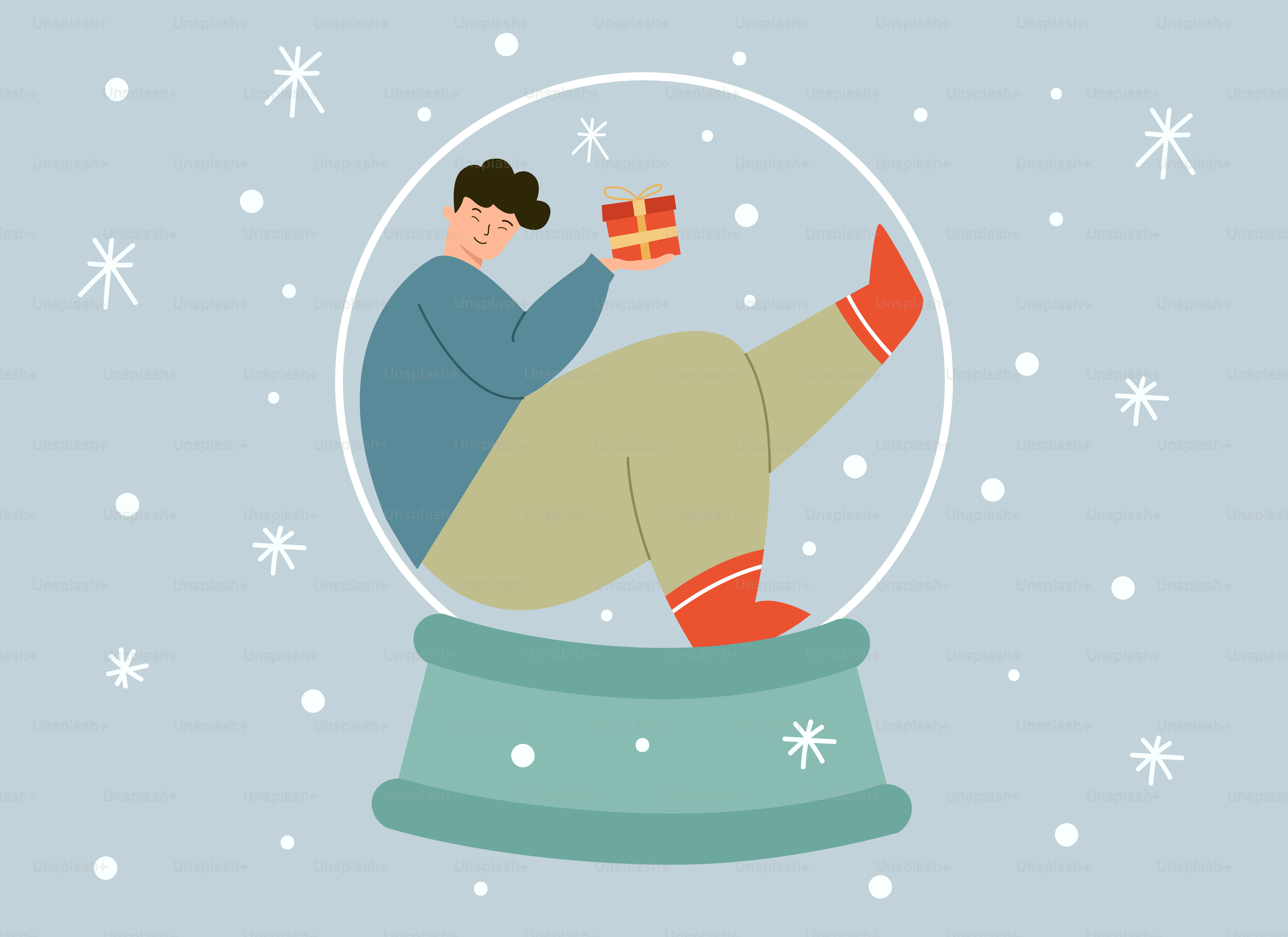 A man sitting in a snow globe holding a present