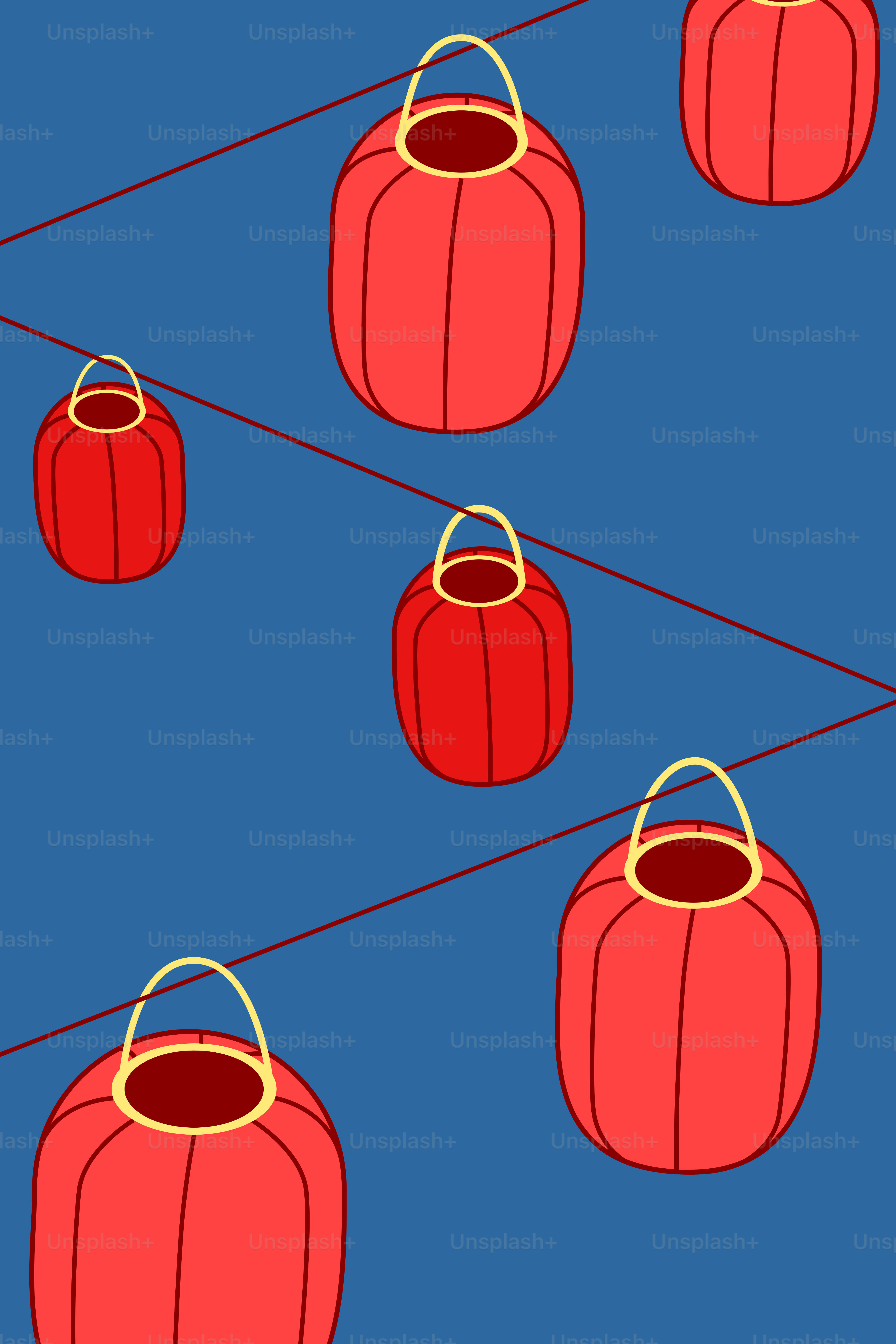 A blue background with red lanterns hanging from a line