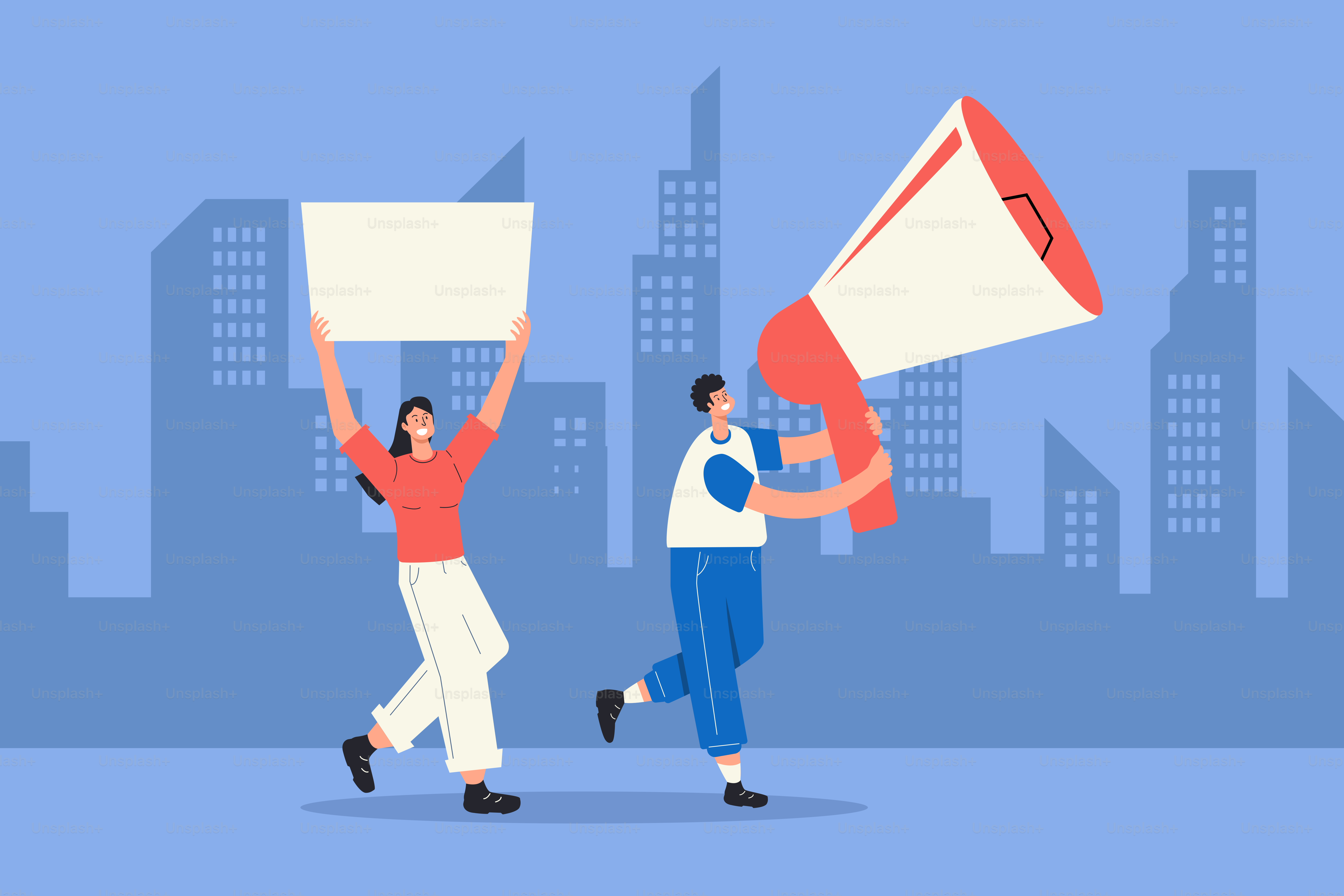 A man holding a megaphone and a woman holding a sign