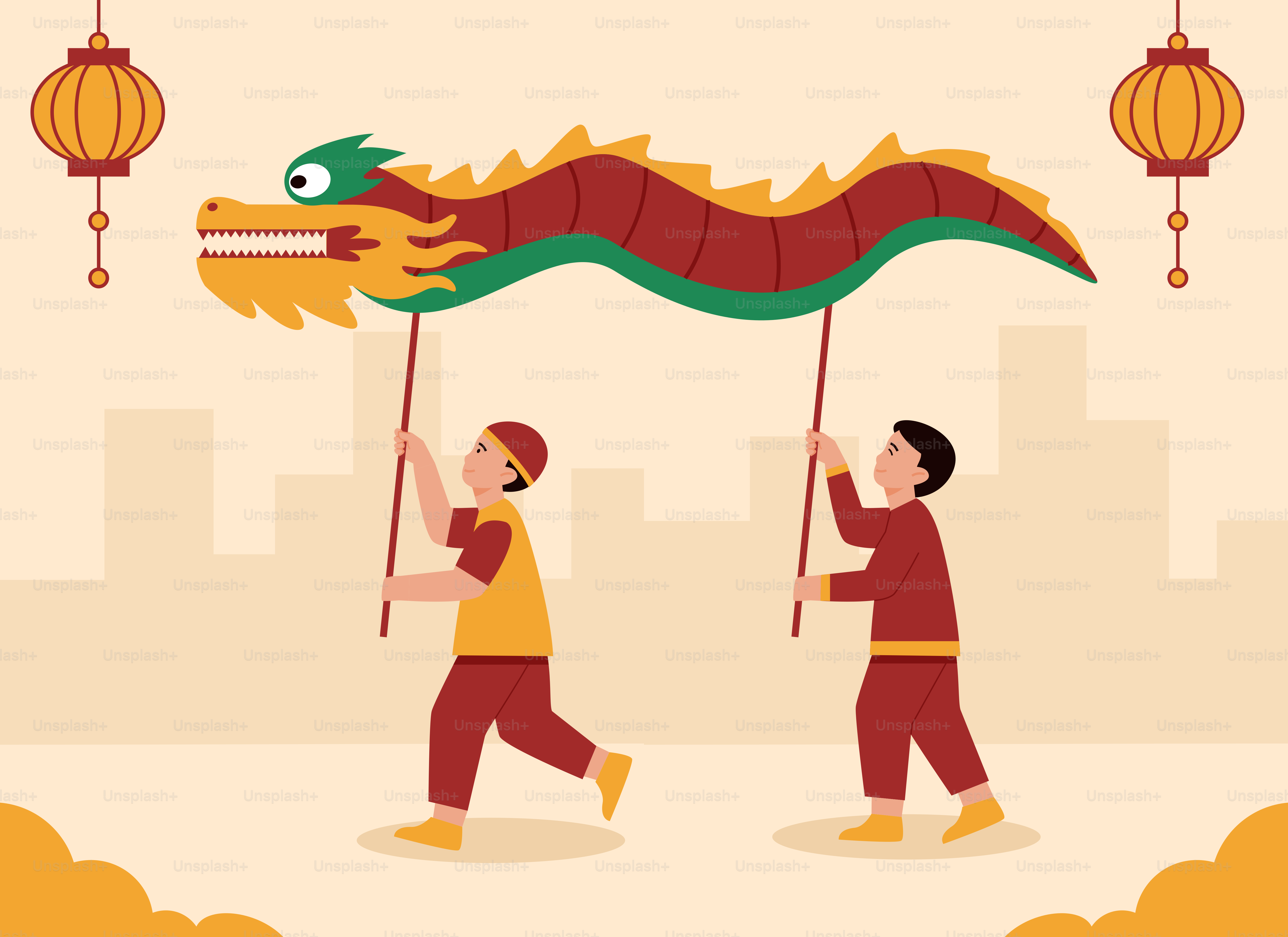 A couple of people holding a dragon flag