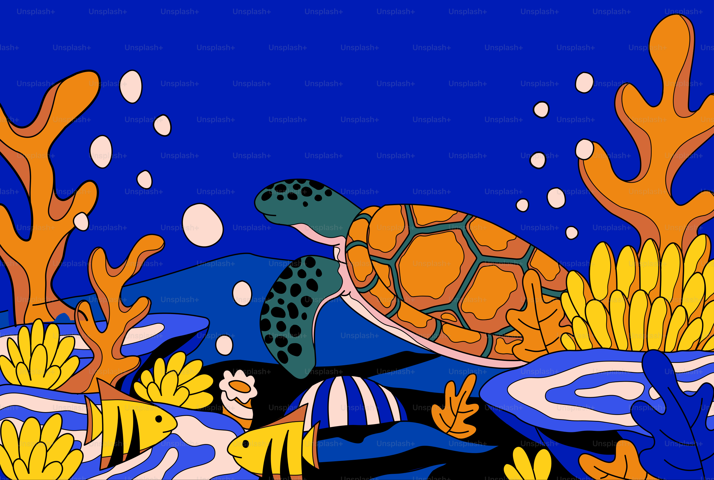 A painting of a turtle swimming in the ocean