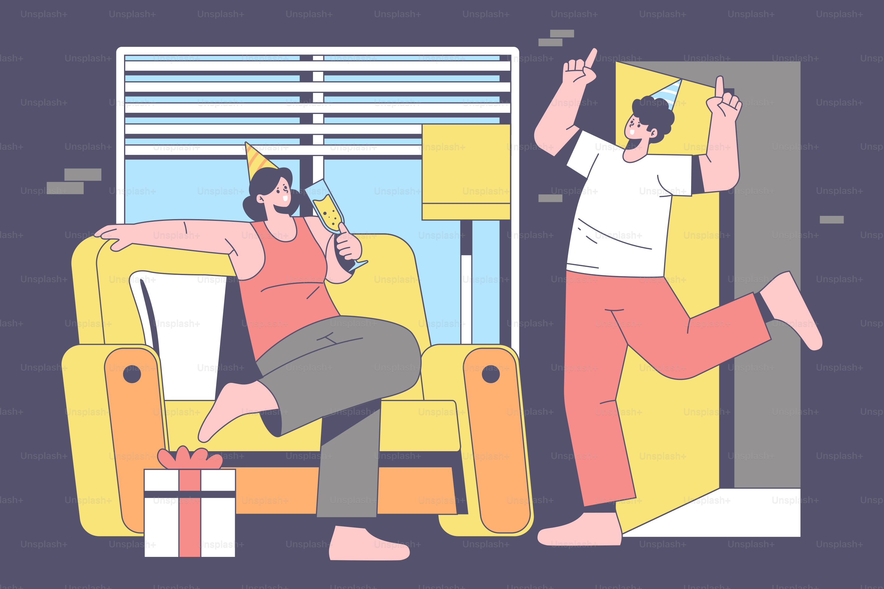 A man and a woman sitting on a couch in front of a window