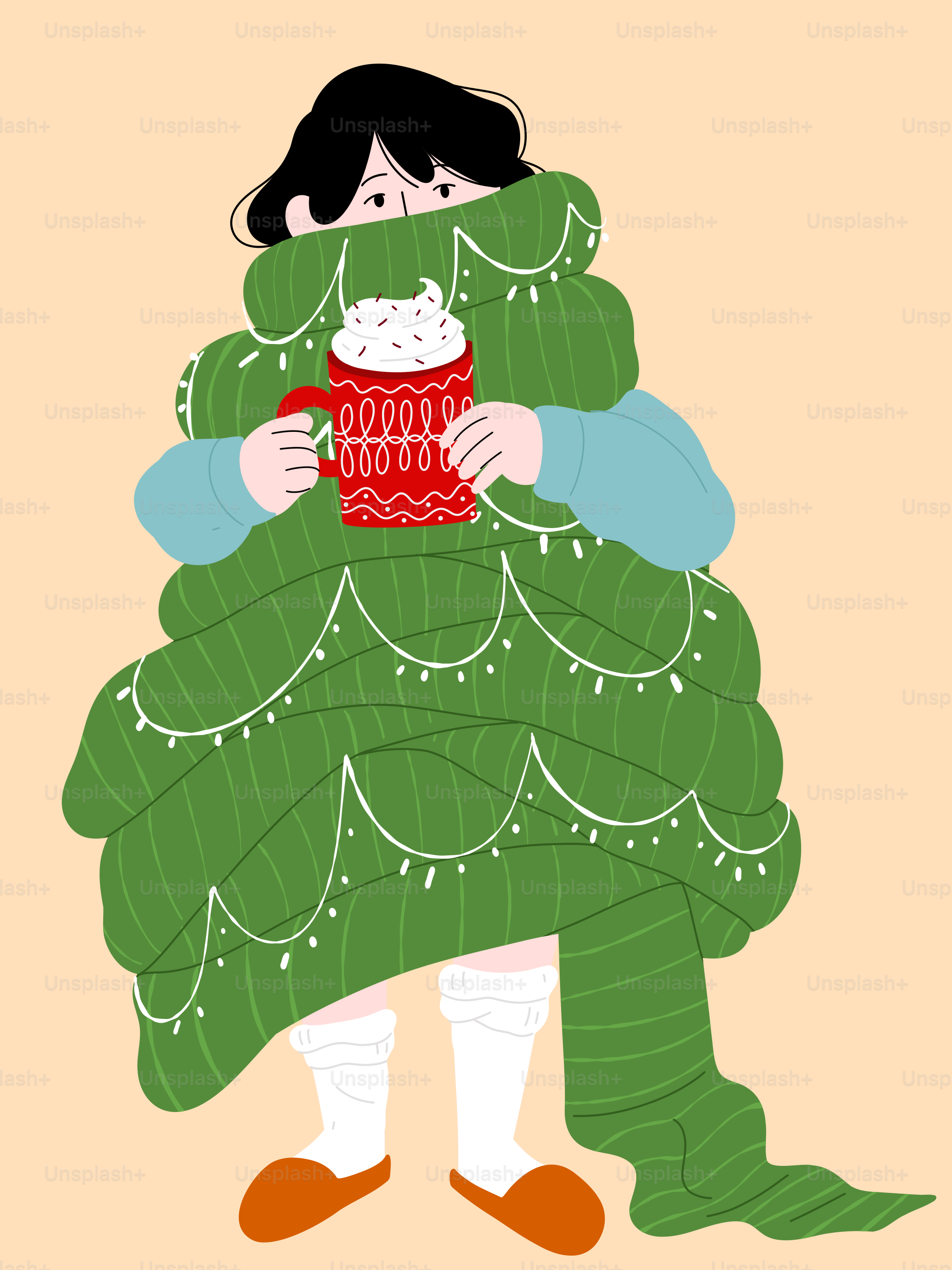 A woman wrapped in a christmas tree holding a cup of coffee