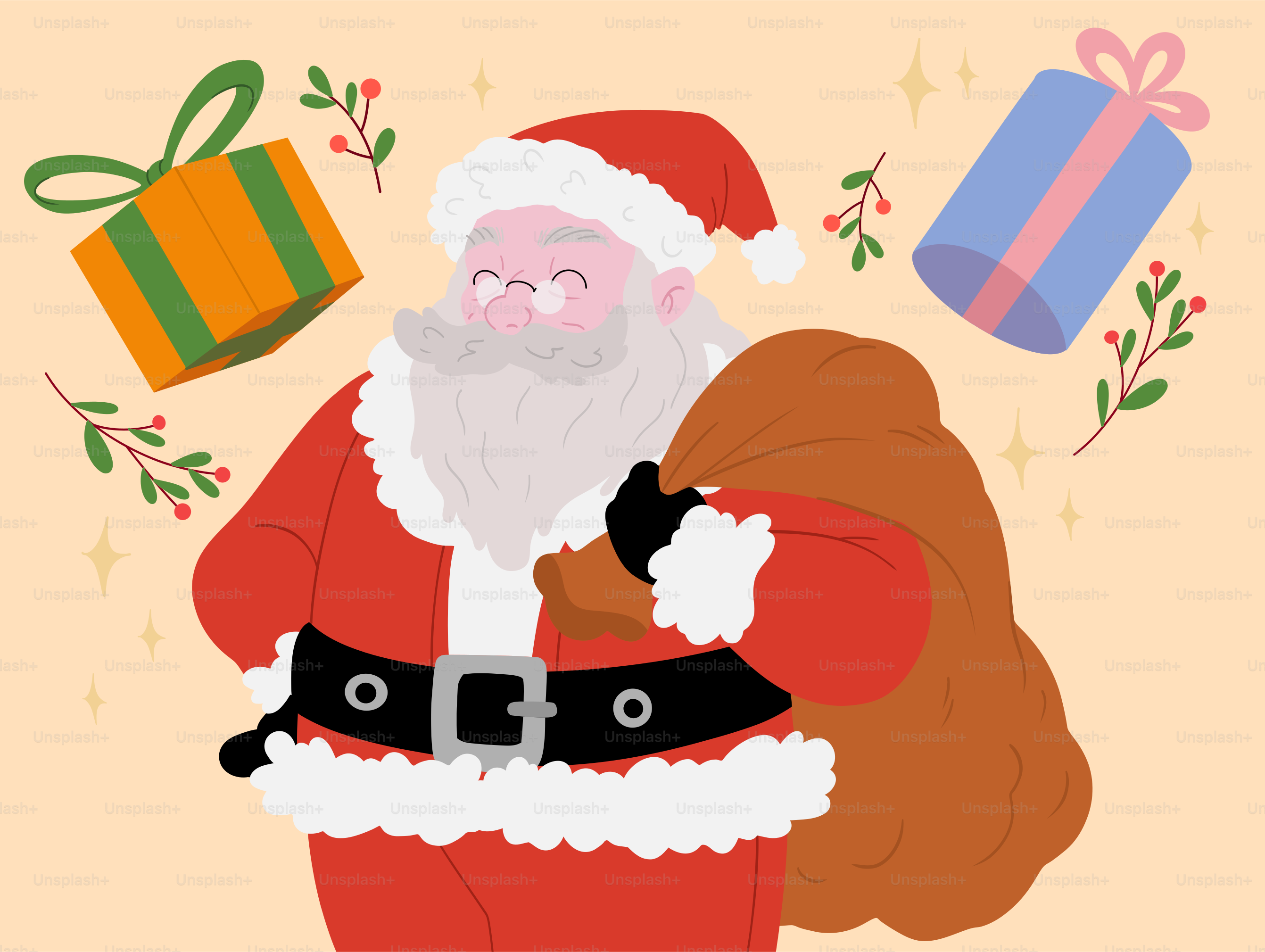 A santa clause holding a bag of presents
