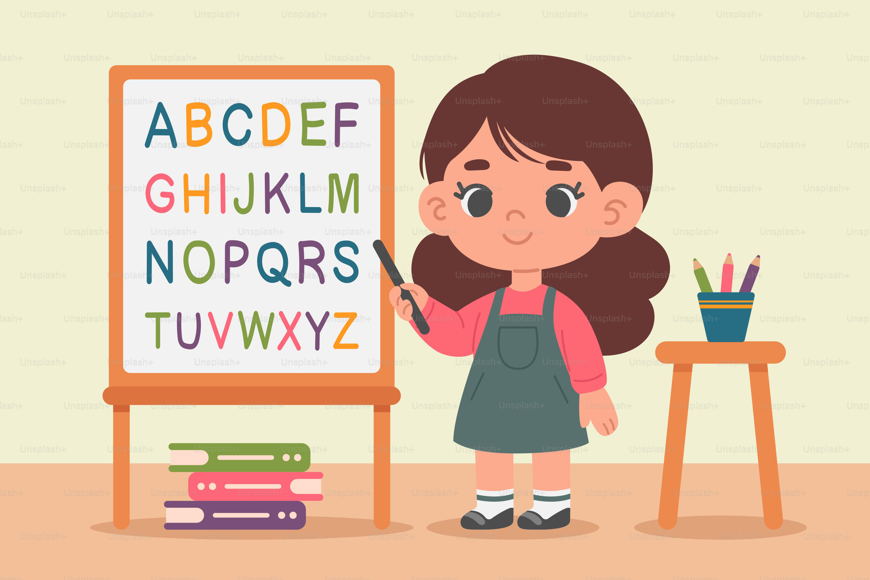 A little girl standing in front of a whiteboard with letters on it