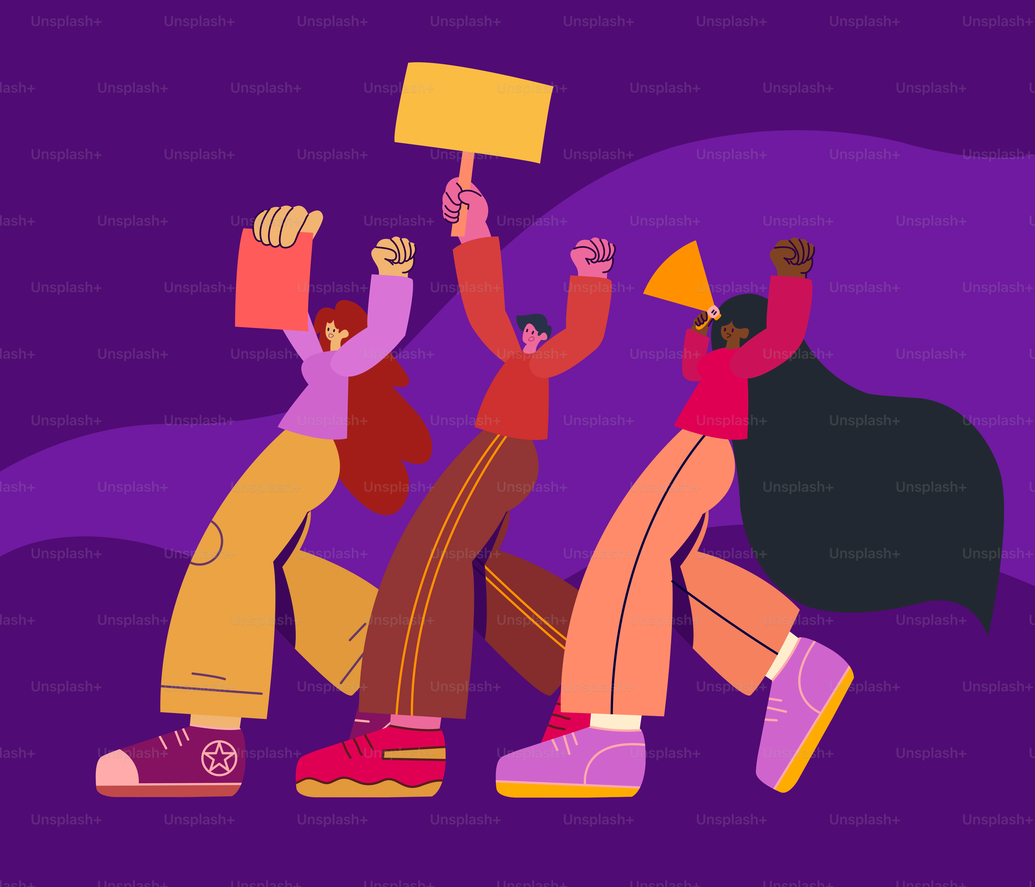 A group of people holding up signs in the air