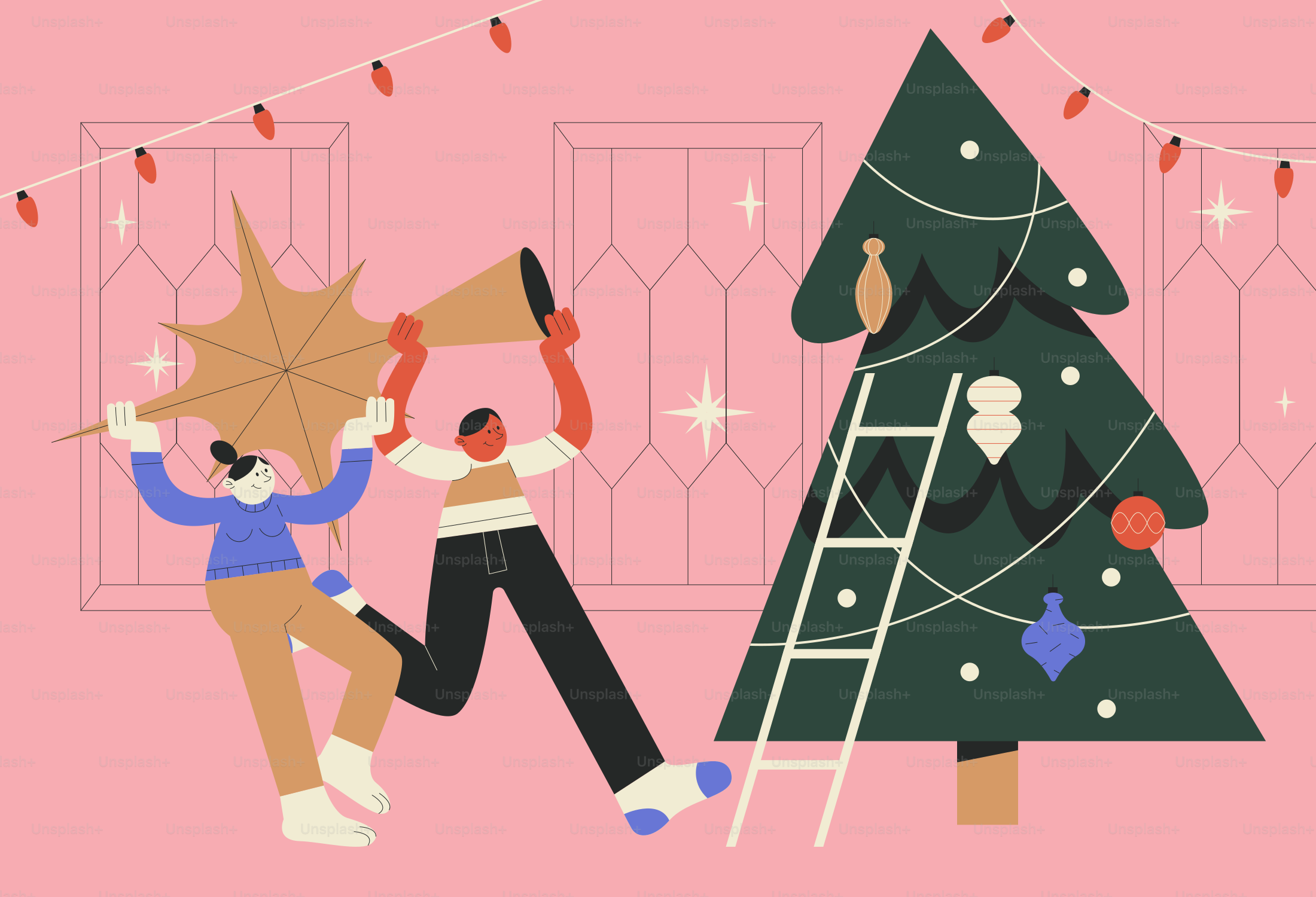 A man and woman are decorating a christmas tree