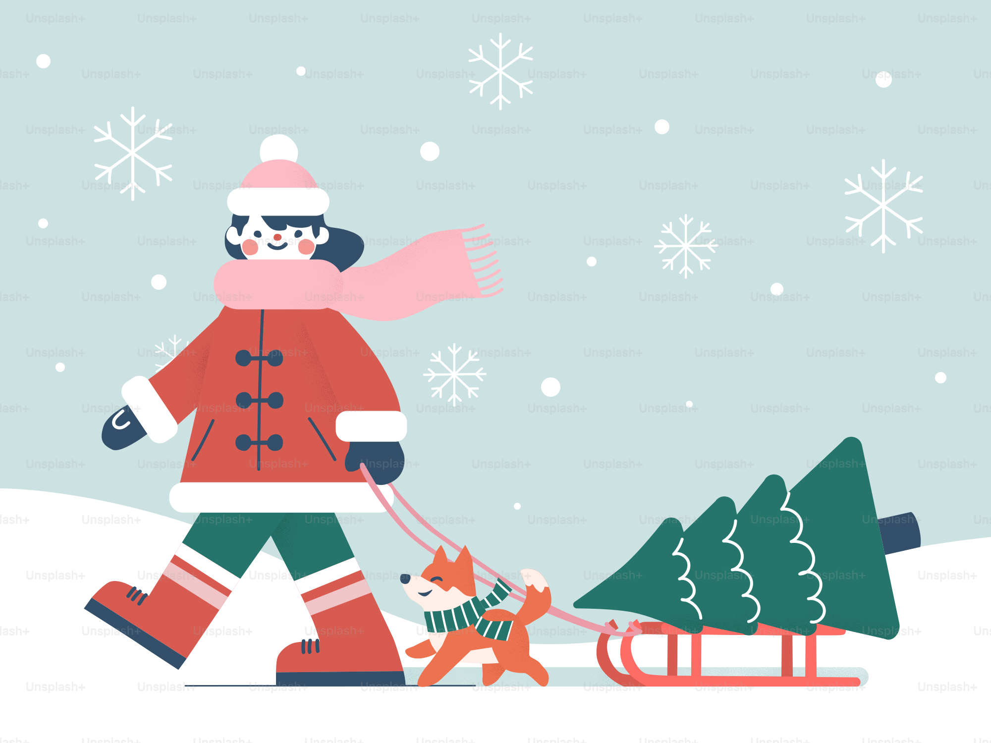 A person walking a dog in the snow