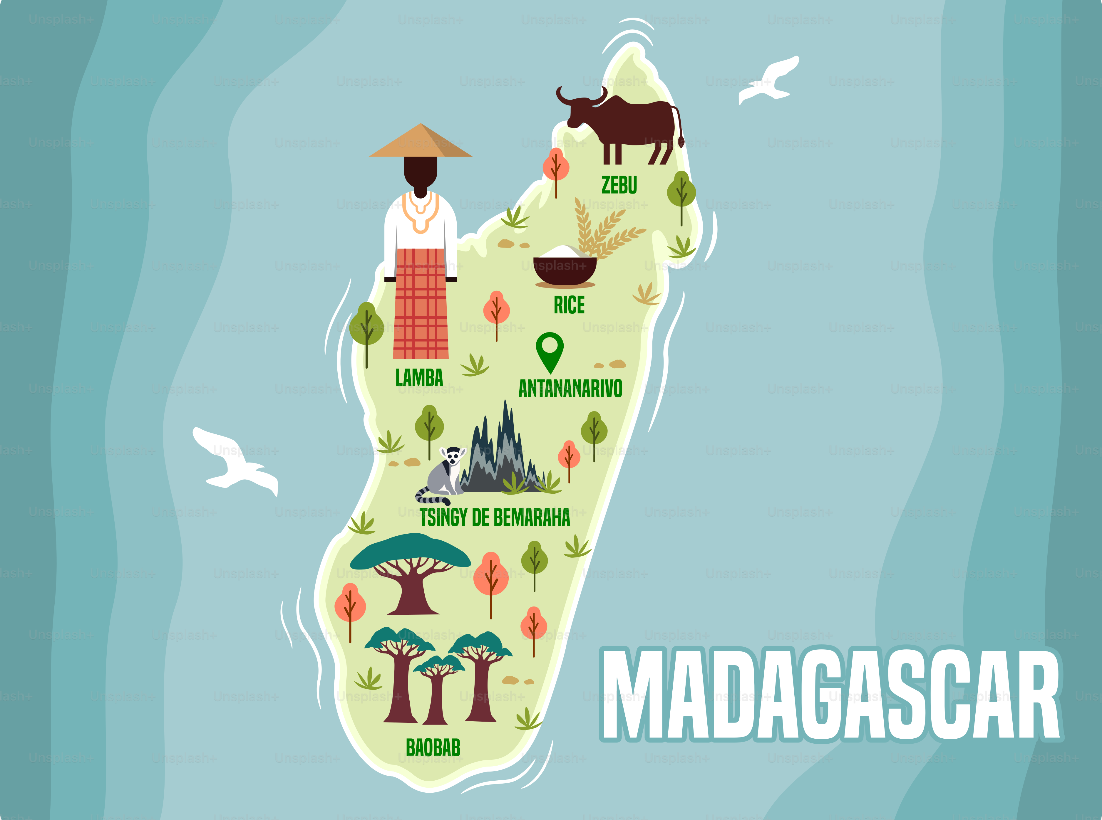Una mappa del Madagascar con una donna e gli animali