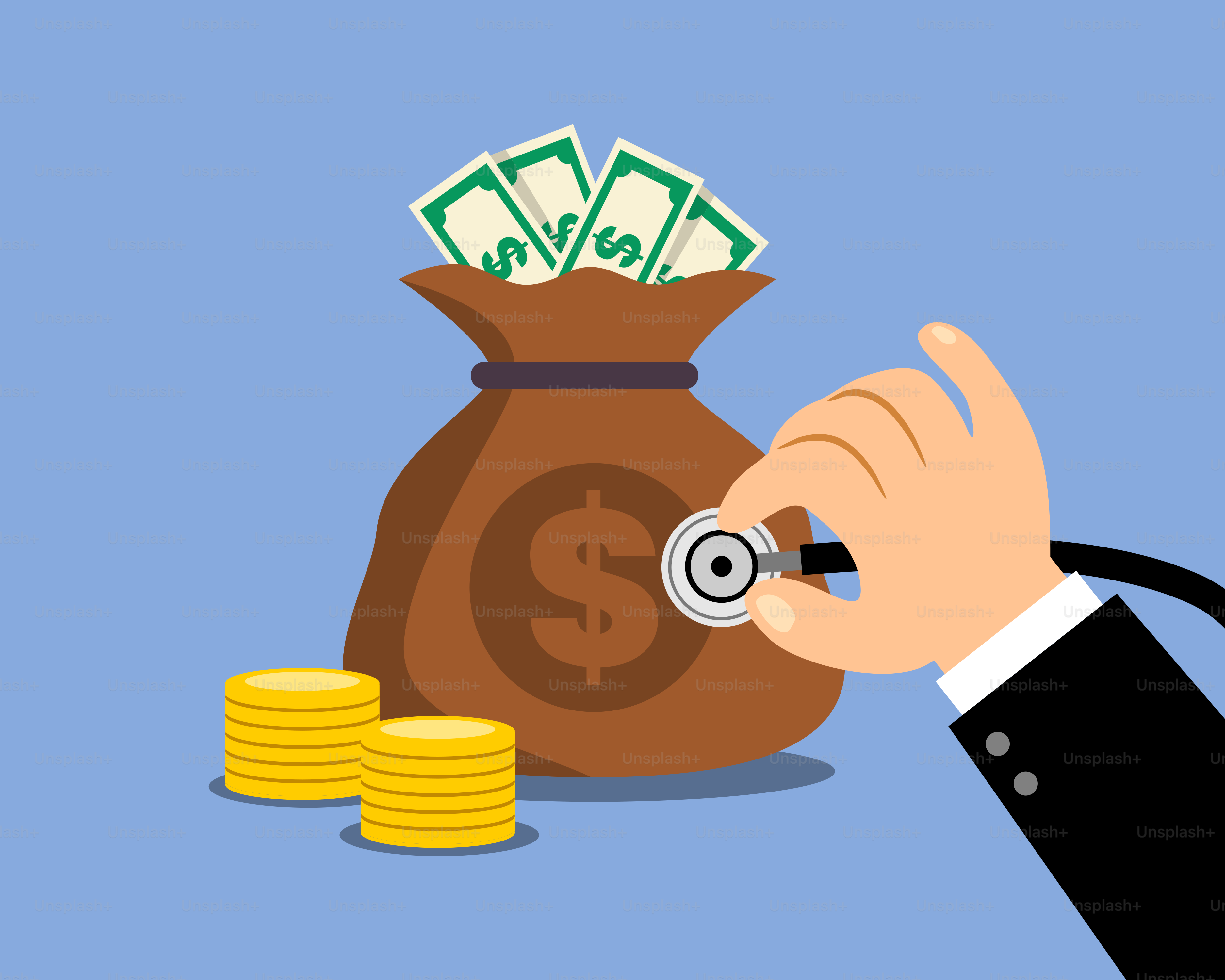 A hand holding a stethoscope next to a bag of money