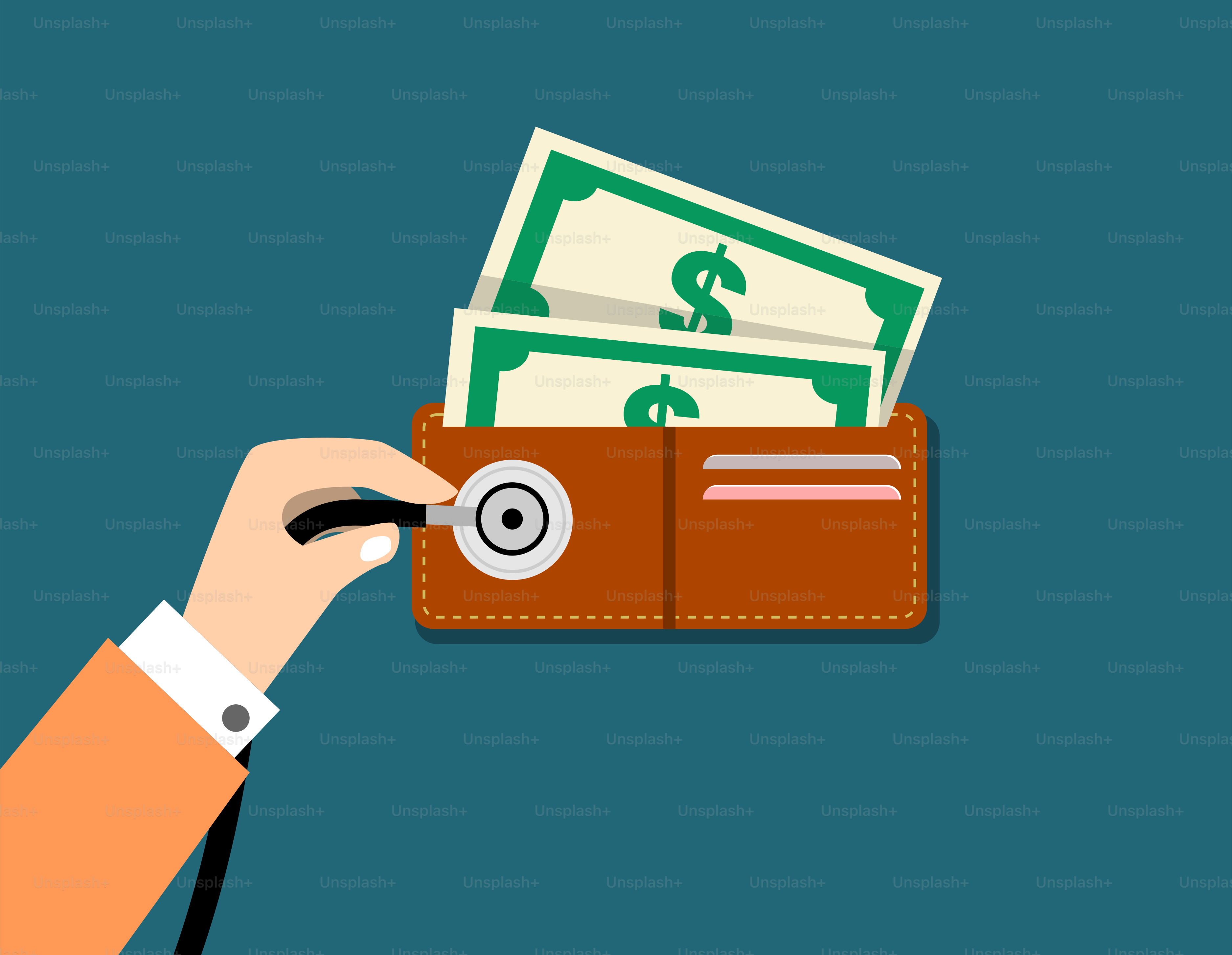 지갑에서 돈이 나오는 지갑을 들고 있는 손