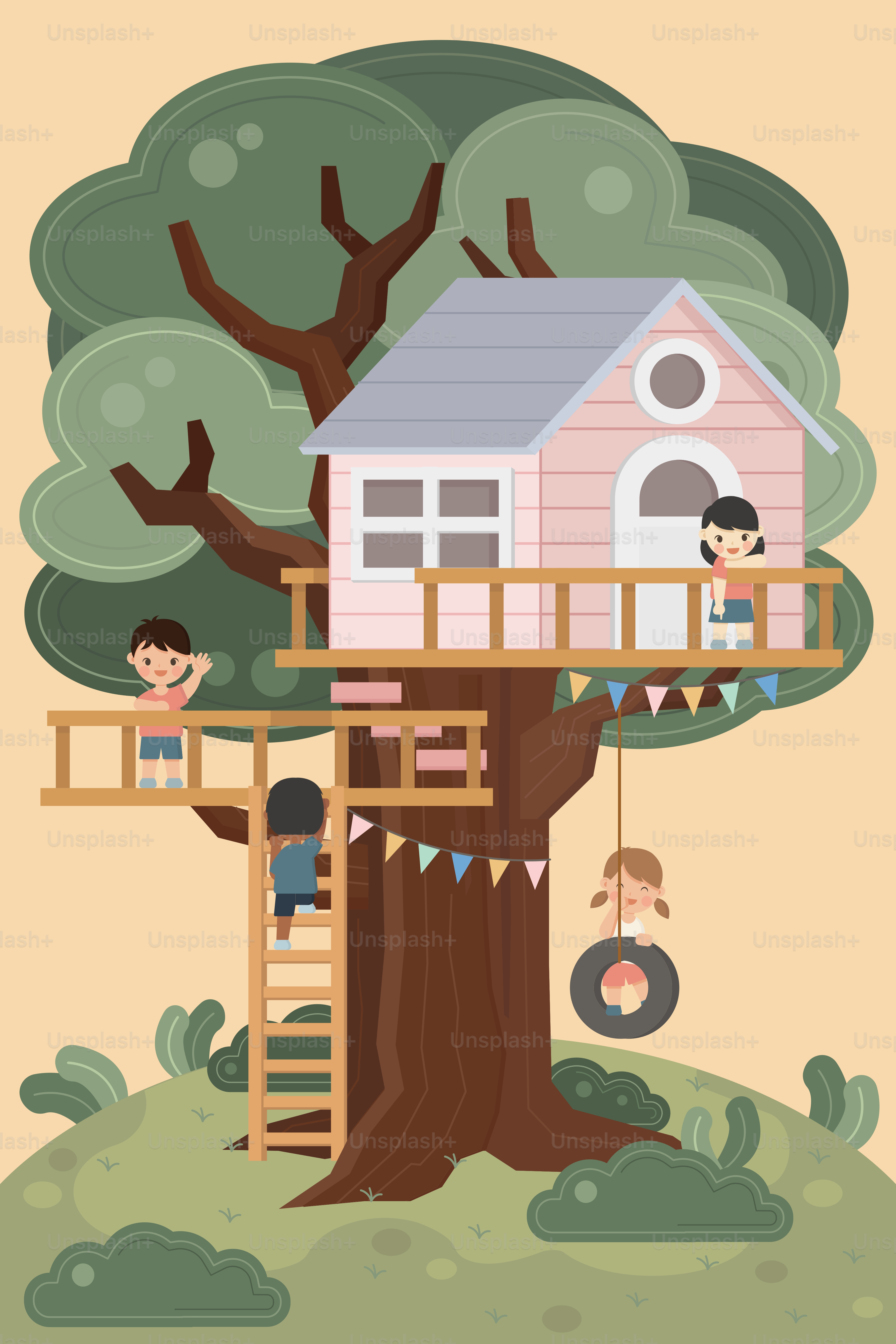 Una casa sull'albero con dei bambini dentro