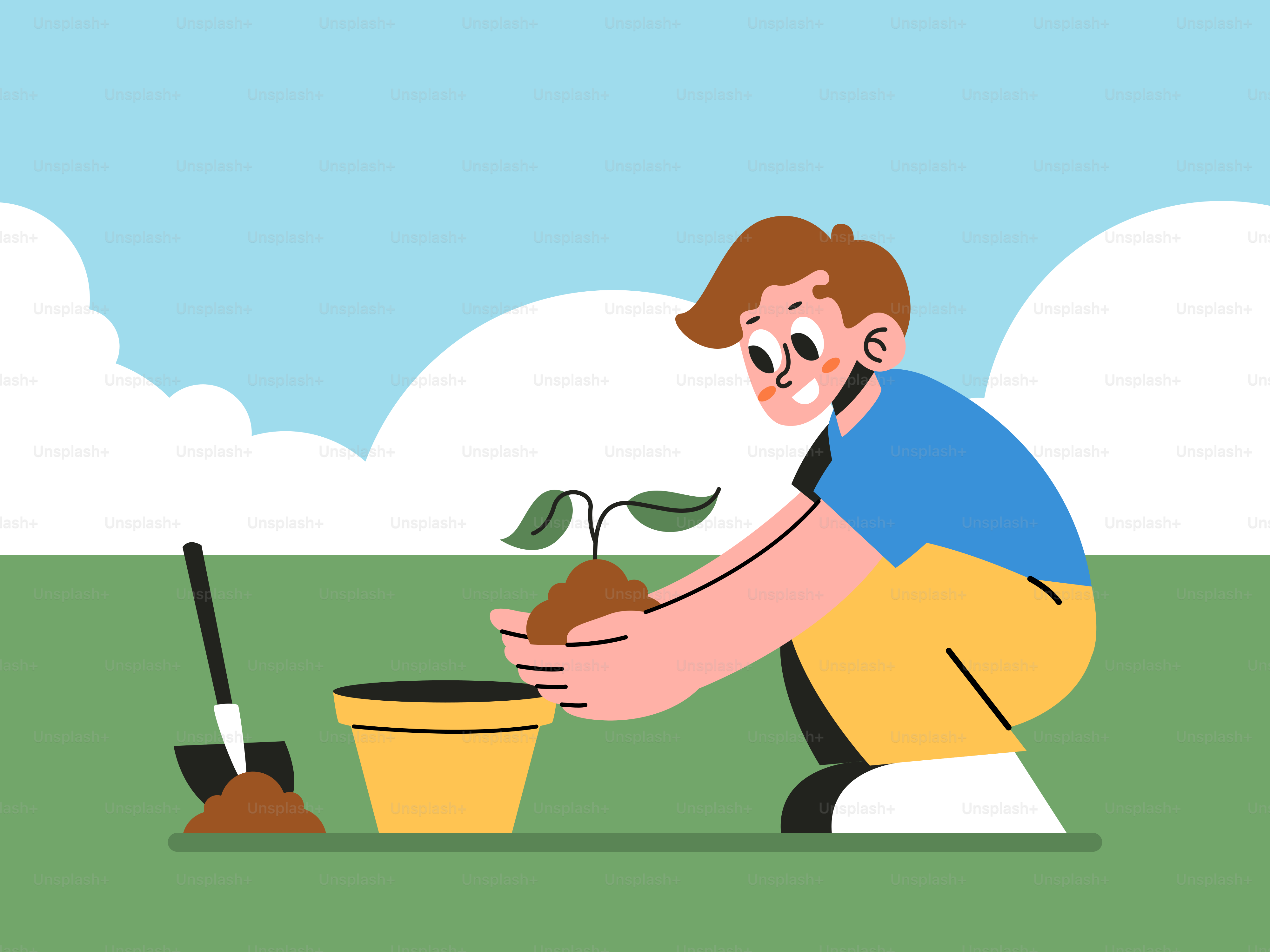 A man kneeling down next to a potted plant