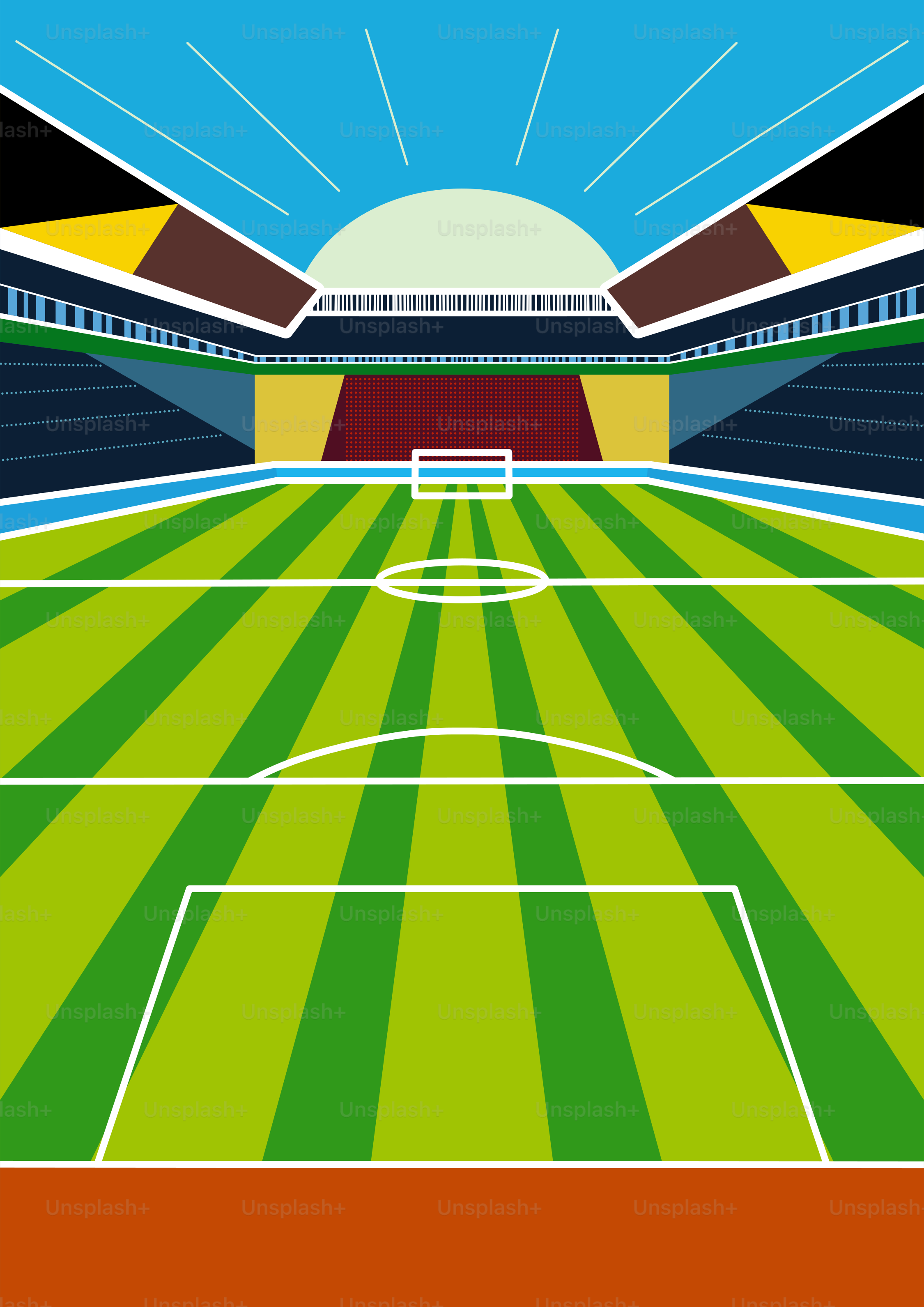 A soccer stadium with a green field and blue sky