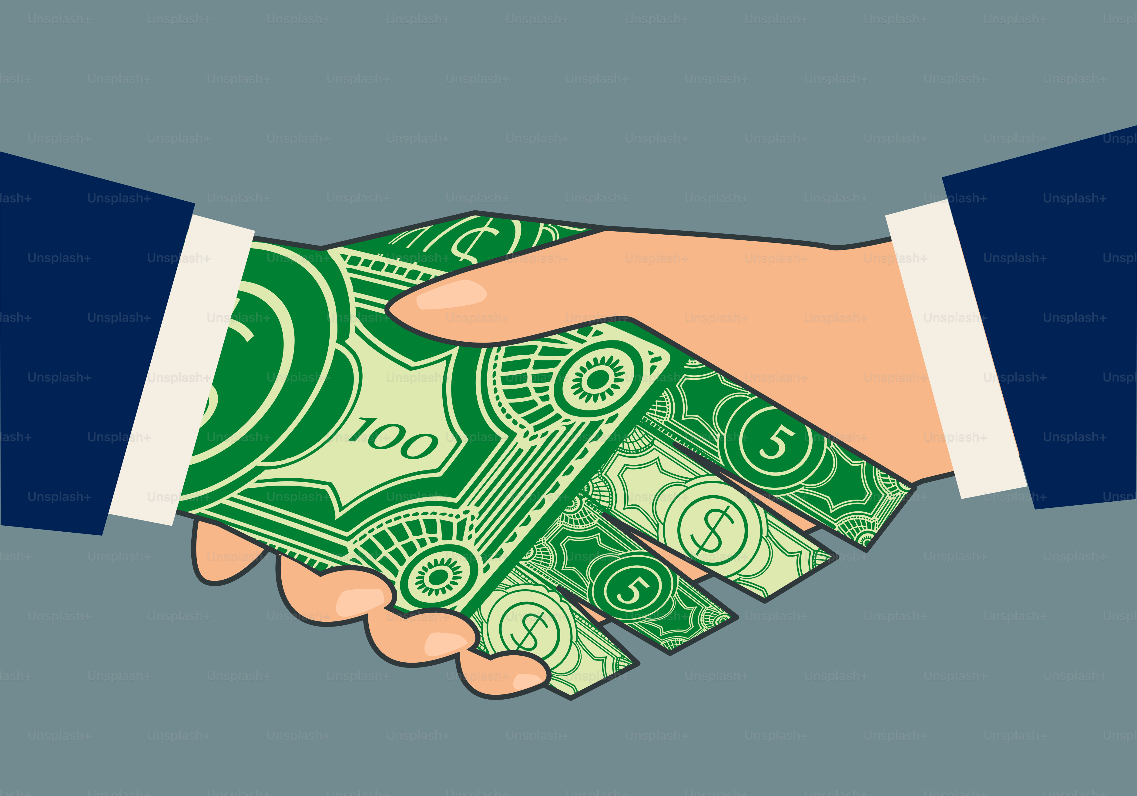 Two people shaking hands over a pile of money