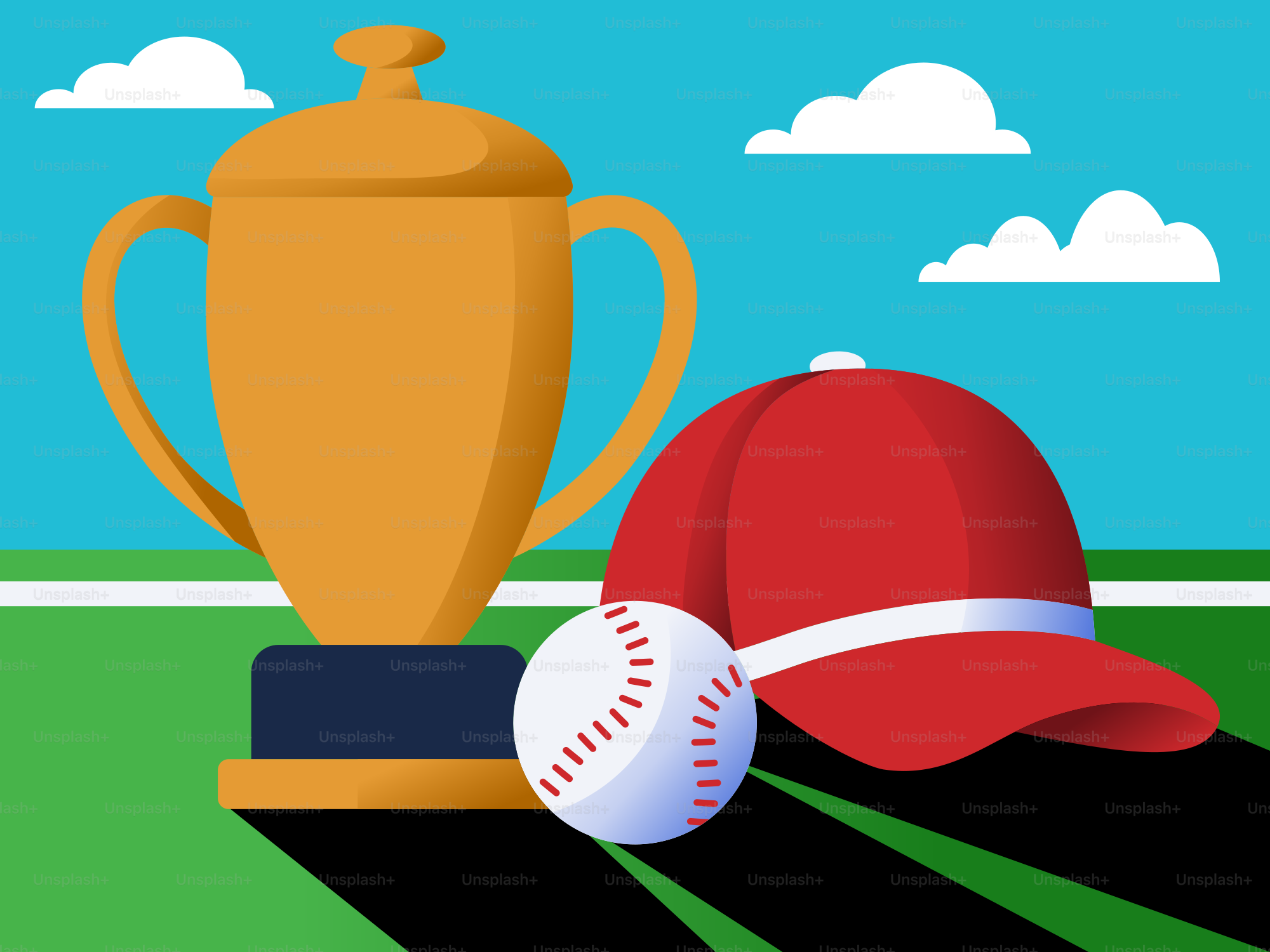 A baseball cap, a baseball glove and a trophy on a baseball field
