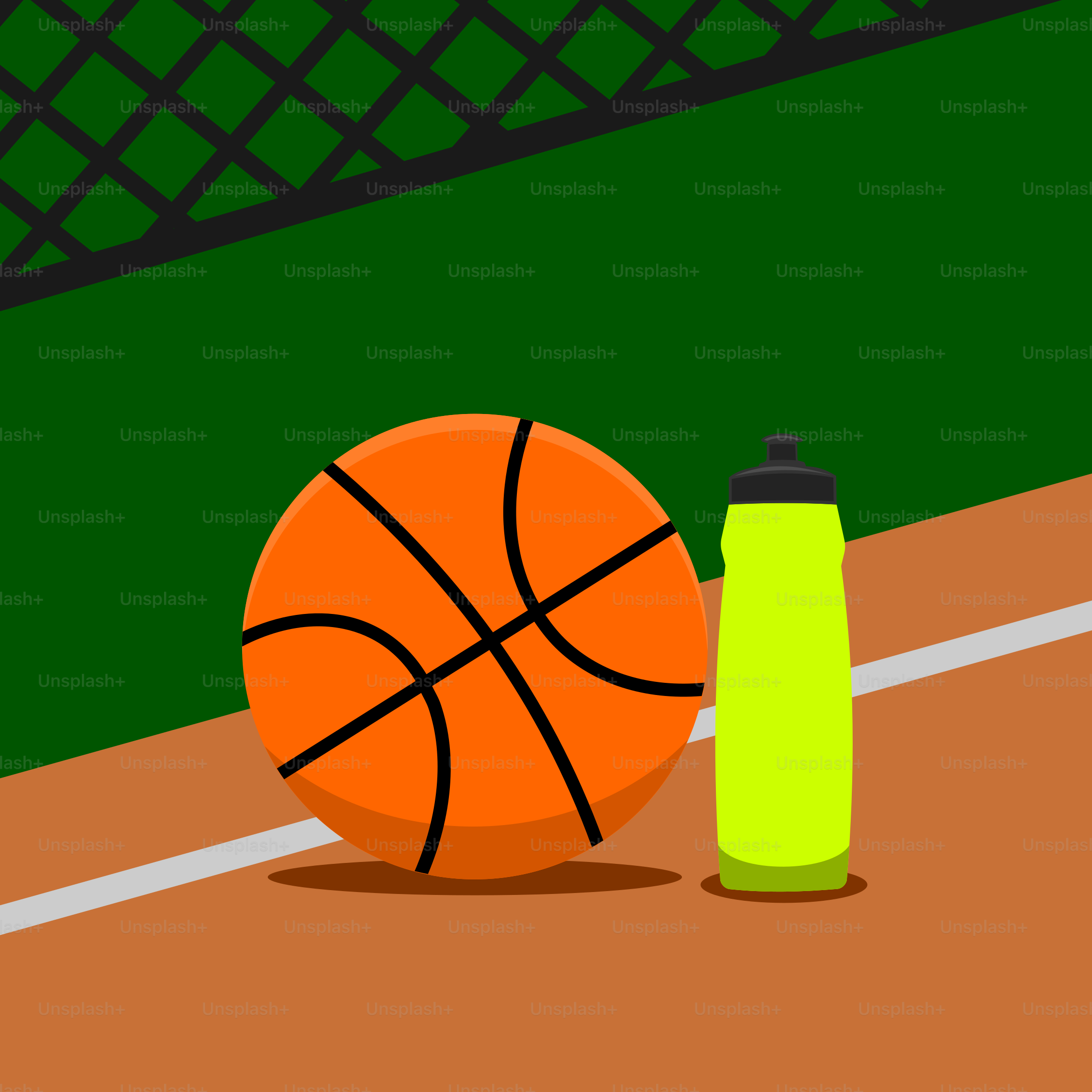 A basketball and a bottle on a court